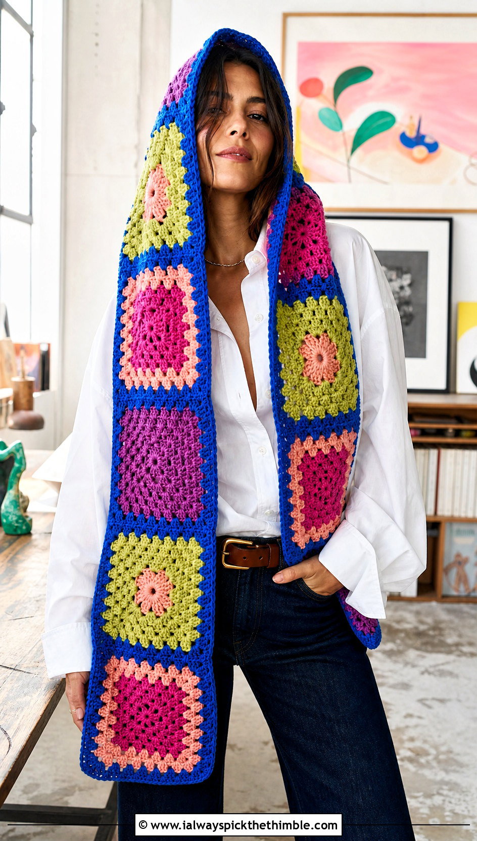 Patchwork Hooded Scarf With White Shirt And Tailored Jeans - 20 crochet scarf hood outfit ideas