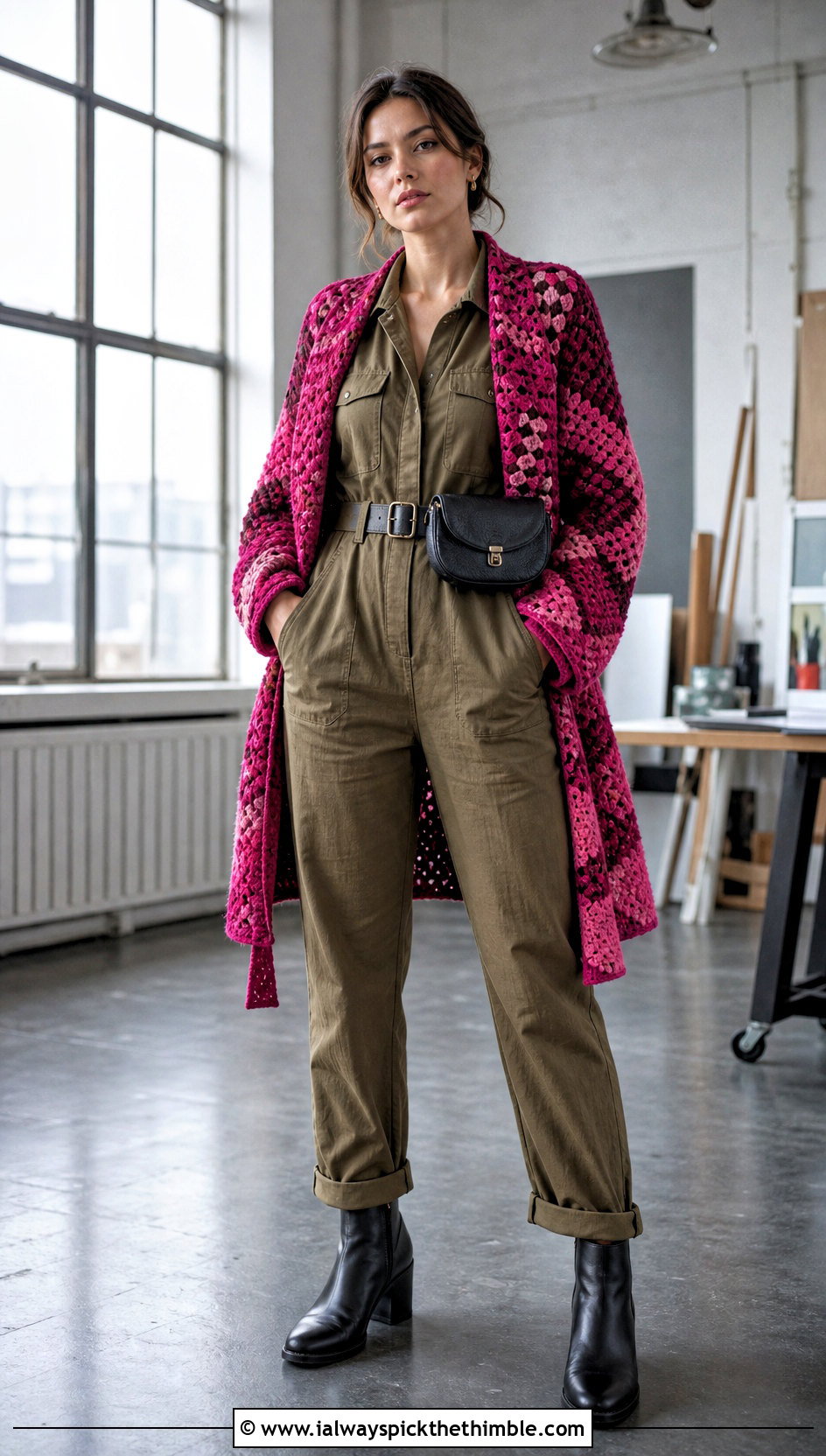 Patchwork Howls Crochet Jacket With Utility Jumpsuit - 20 Howls Crochet Jacket outfit ideas