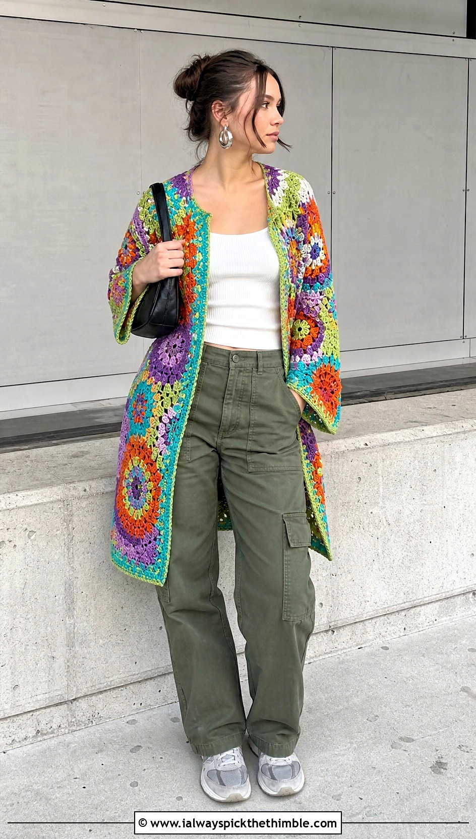 Patchwork Irish Crochet Car Coat With Cargo Pants - 20 irish crochet coat outfit ideas