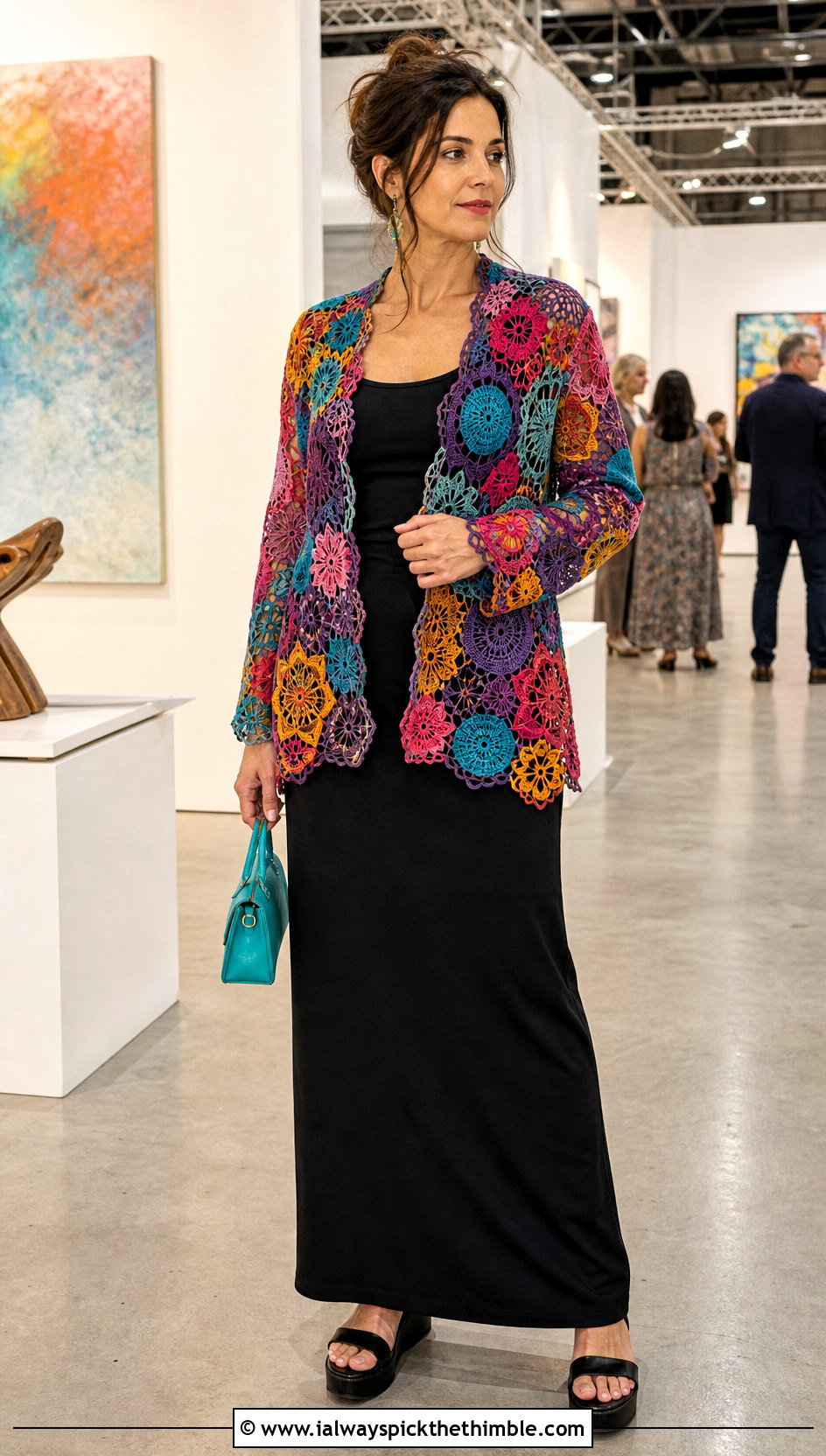 Patchwork Irish Lace Jacket With Black Maxi Skirt - 15 irish lace crochet jacket outfit ideas
