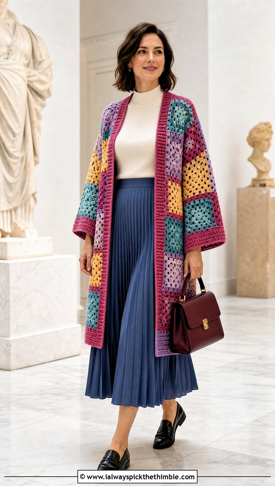 Patchwork Kimono Crochet Cardigan With Pleated Midi Skirt - 20 kimono crochet cardigan outfit ideas