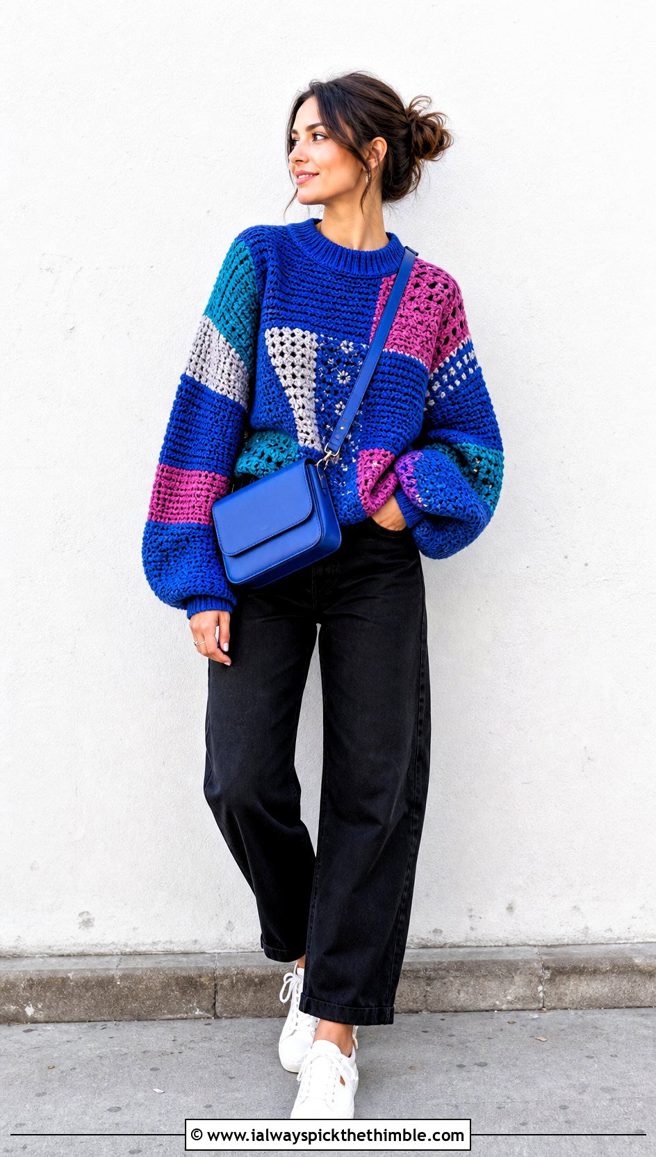 Patchwork Knit Look Crochet Sweater With Barrel Jeans - 20 knit look crochet sweater outfit ideas