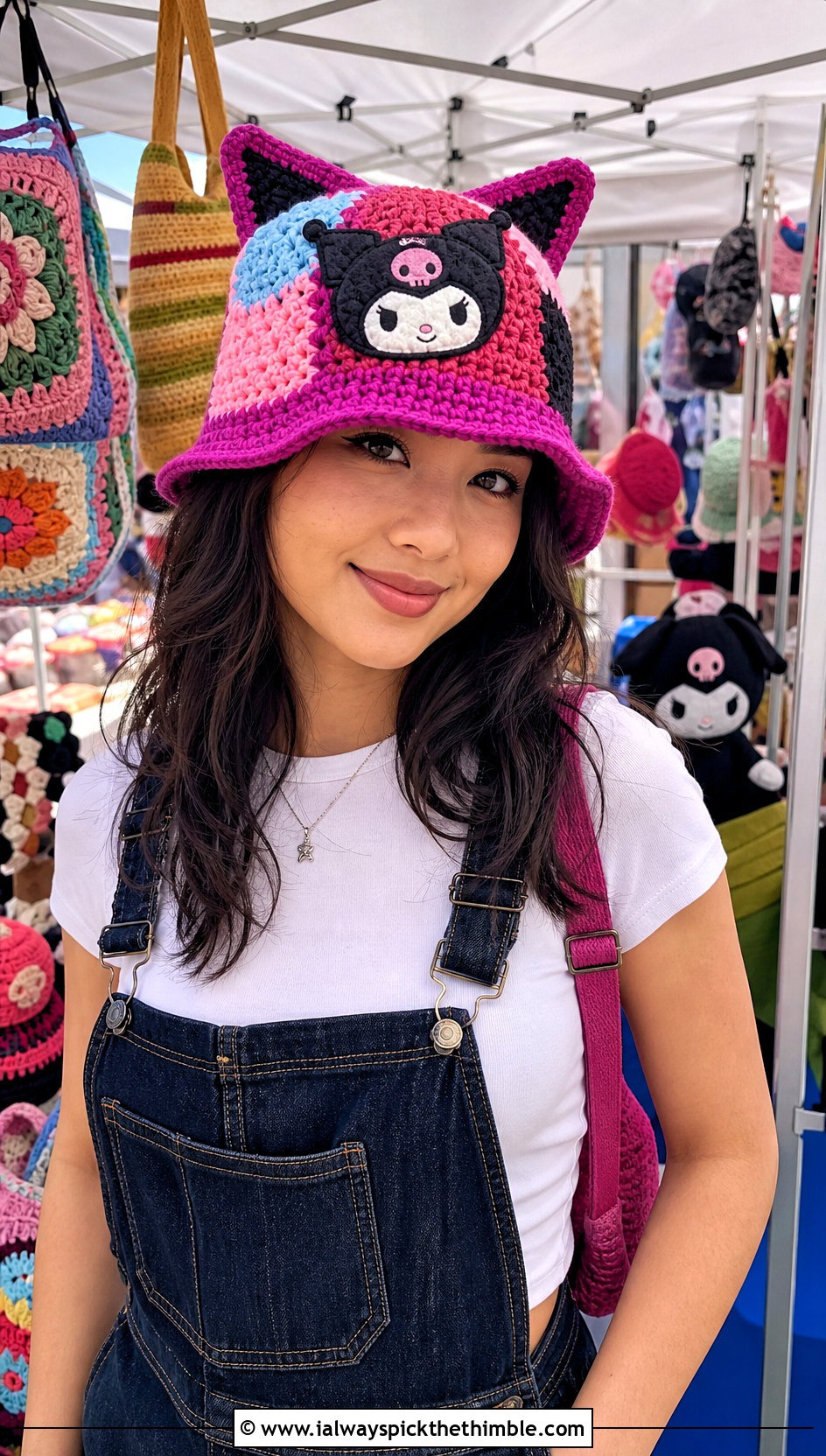 Patchwork Kuromi Crochet Bucket Hat With Denim Overalls - 15 Kuromi Crochet Bucket Hat outfit ideas