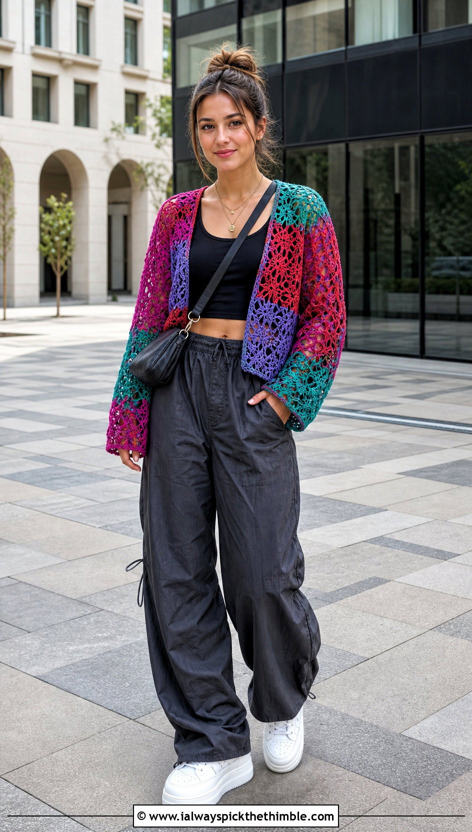 Patchwork Lacy Crochet Sweater With Parachute Pants - 20 Lacy Crochet Sweater outfit ideas
