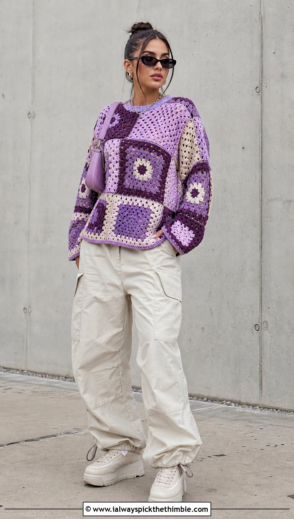 Patchwork Large Granny Square Sweater With Parachute Pants - 25 large granny square sweater outfit ideas
