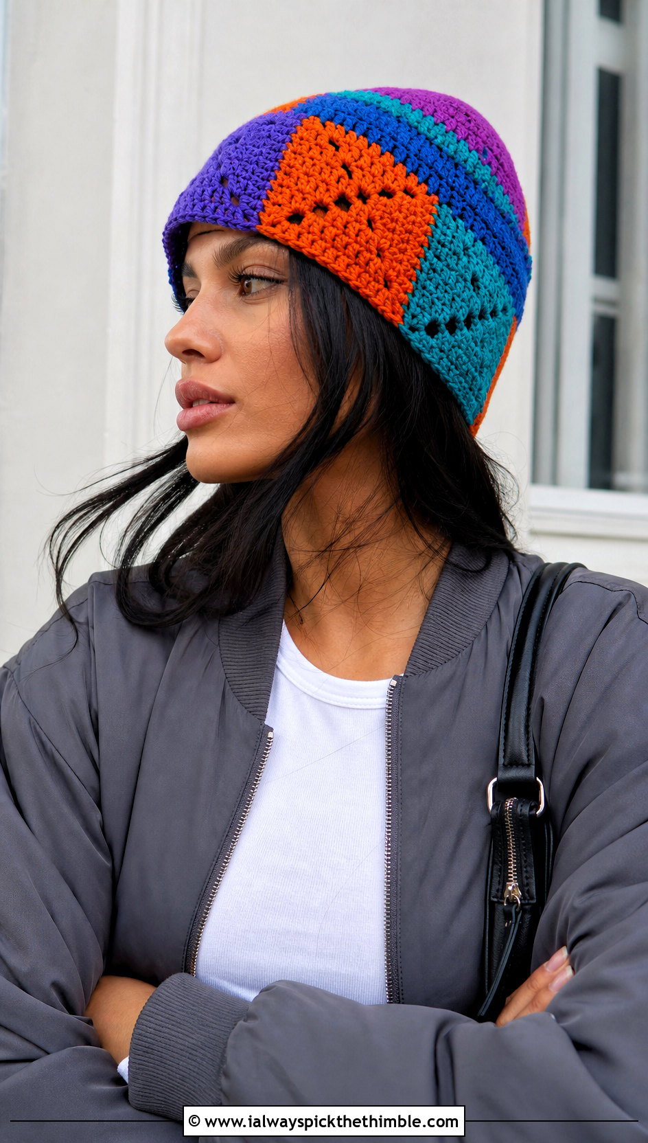 Patchwork Lightweight Crochet Beanie With Bomber Jacket - 15 Lightweight Crochet Beanie outfit ideas