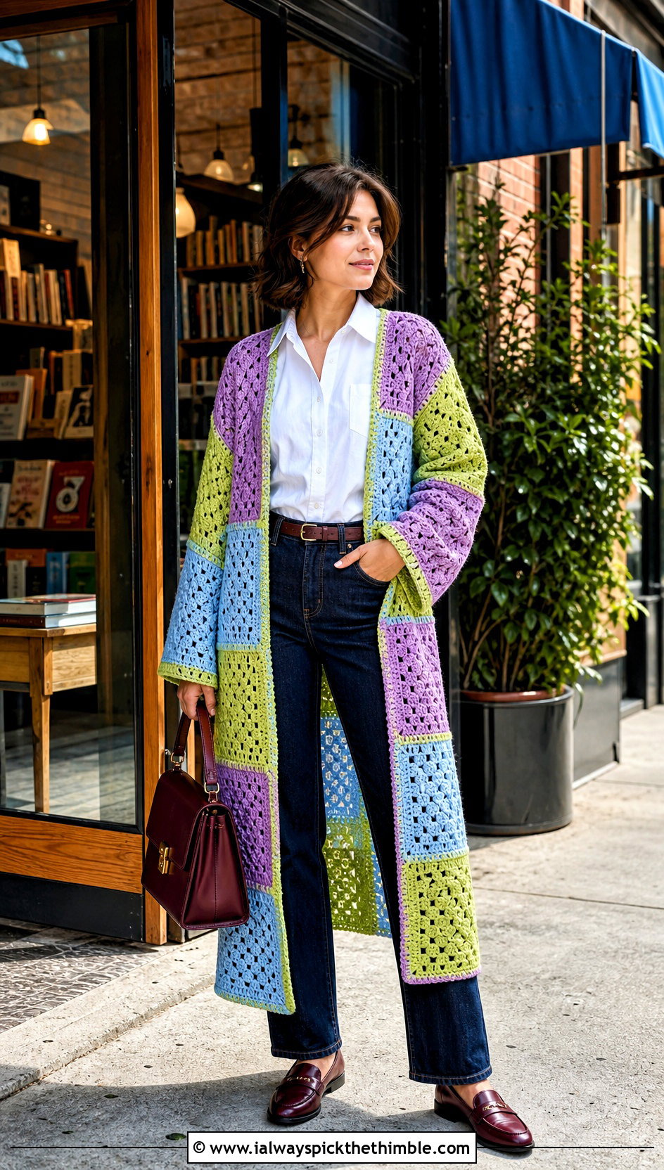 Patchwork Long Crochet Cardigan With White Shirt And Jeans - 20 long crochet cardigan outfit ideas