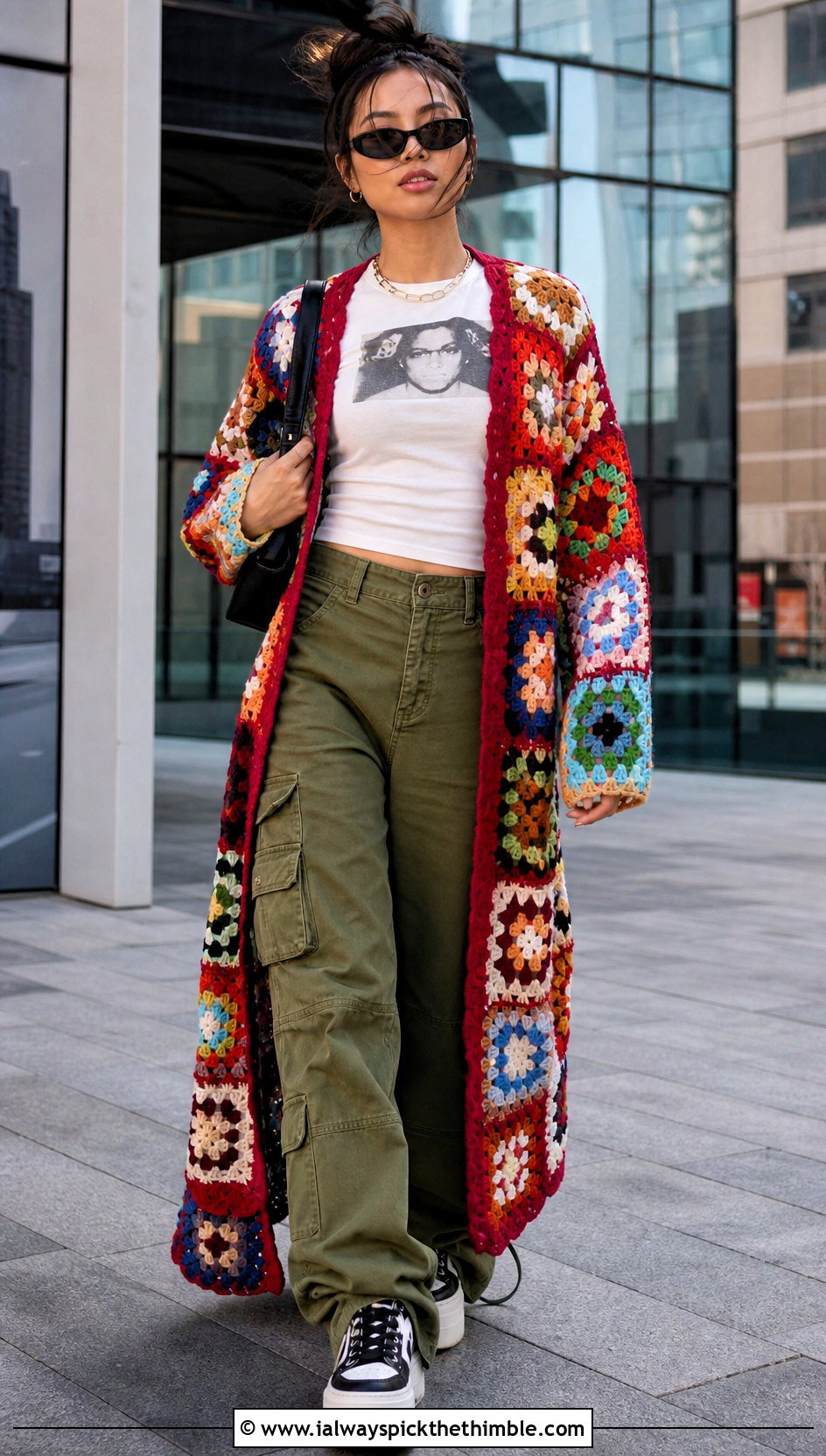 Patchwork Long Crochet Duster With Cargo Pants - 20 Long Crochet Duster outfit ideas
