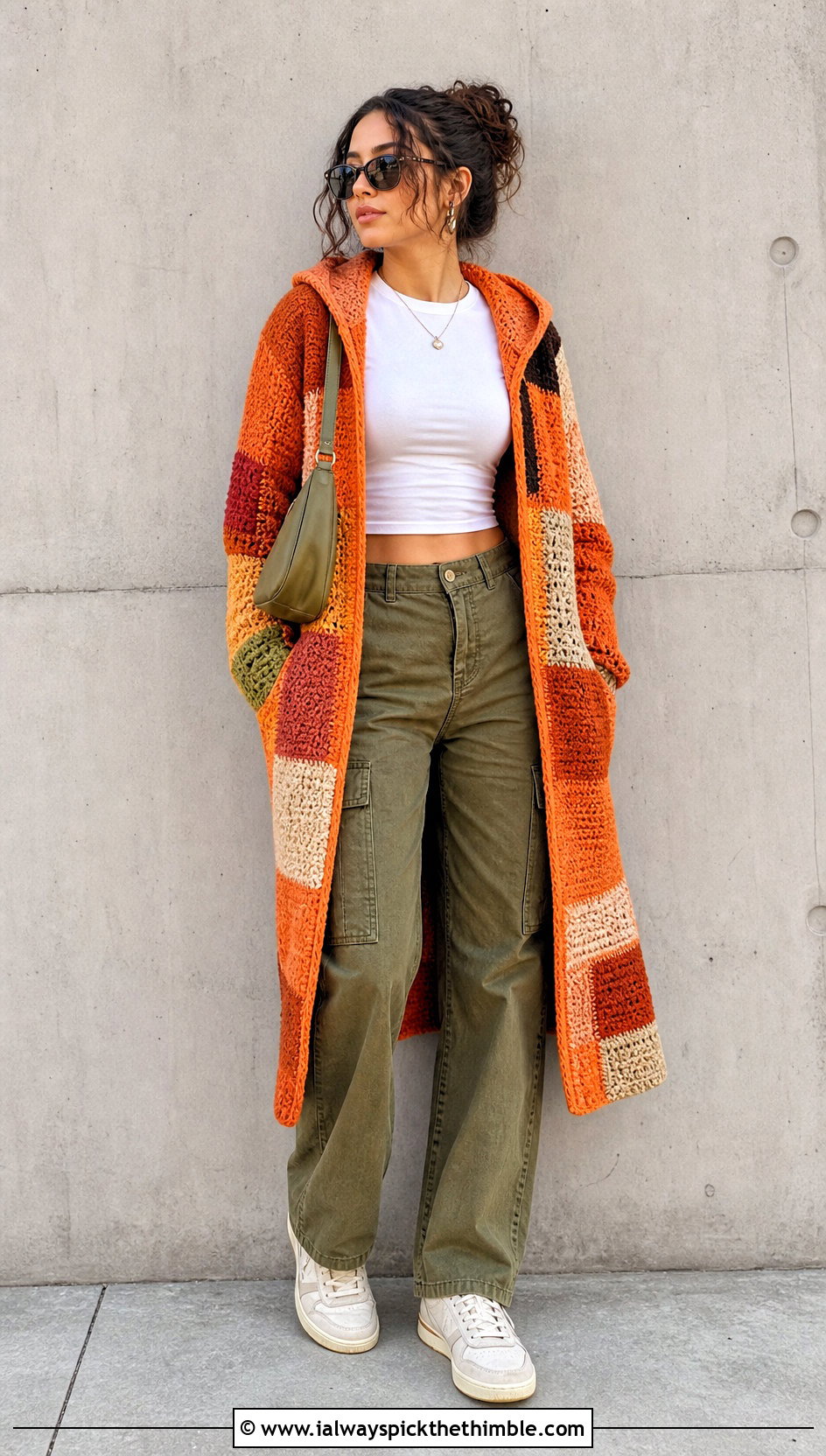 Patchwork Long Hooded Cardigan With Cargo Pants - 20 crochet long hooded cardigan outfit ideas