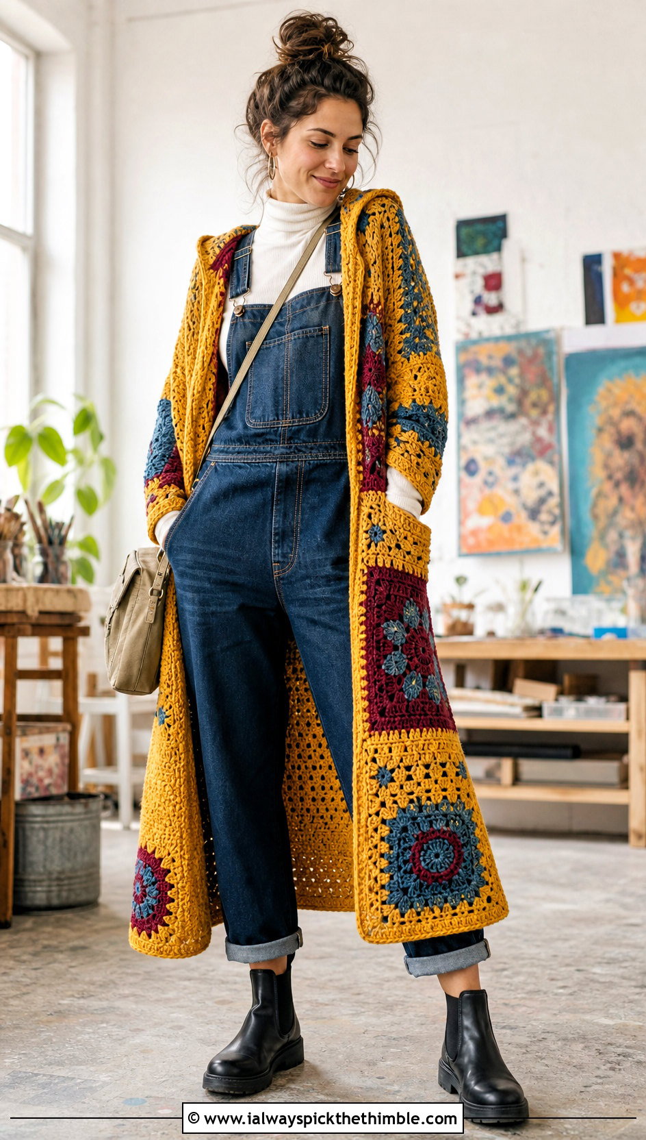 Patchwork Long Hooded Crochet Cape With Denim Overalls - 20 Long Hooded Crochet Cape outfit ideas