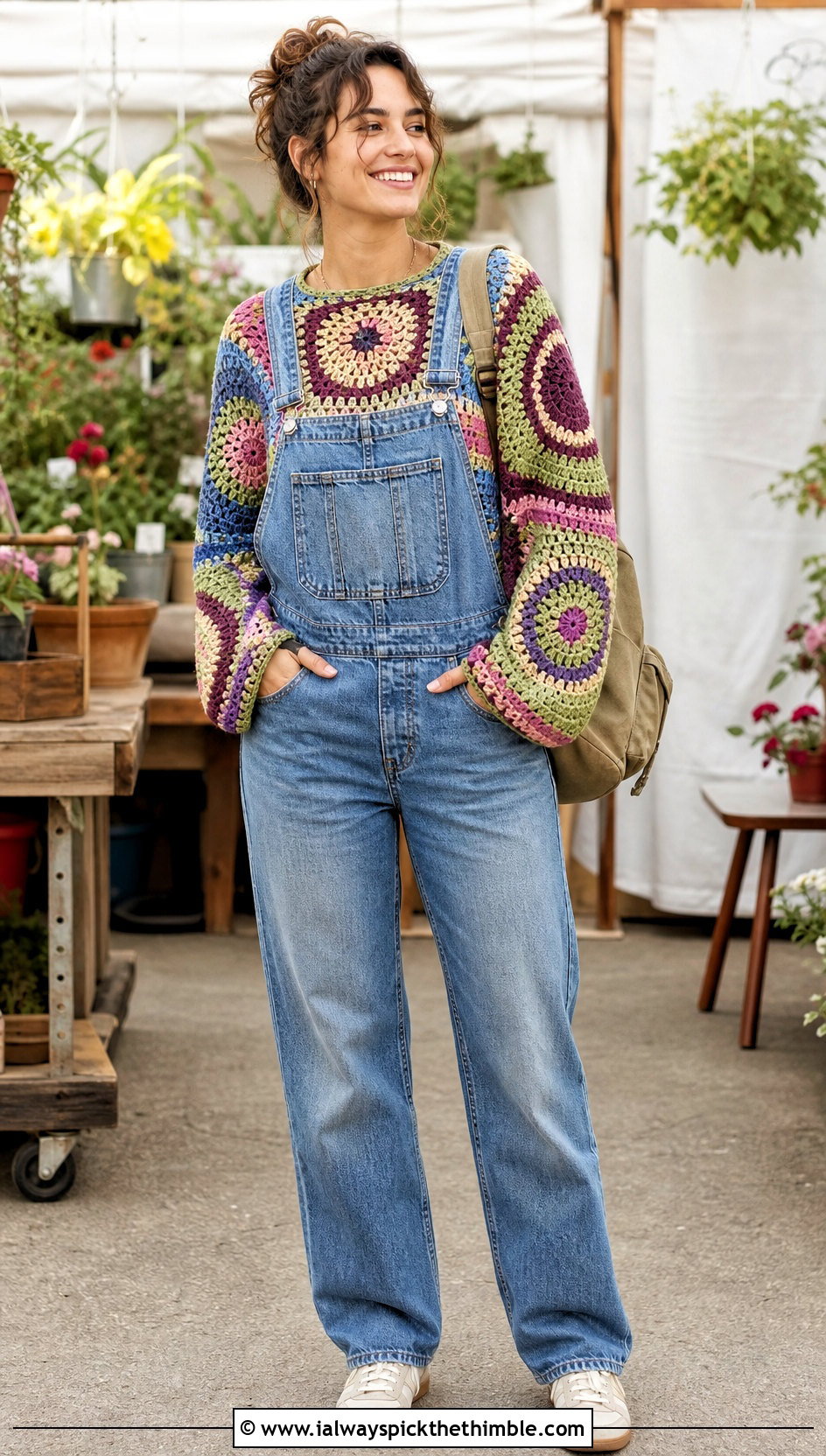 Patchwork Mandala Crochet Sweater With Denim Overalls - 20 Mandala Crochet Sweater outfit ideas