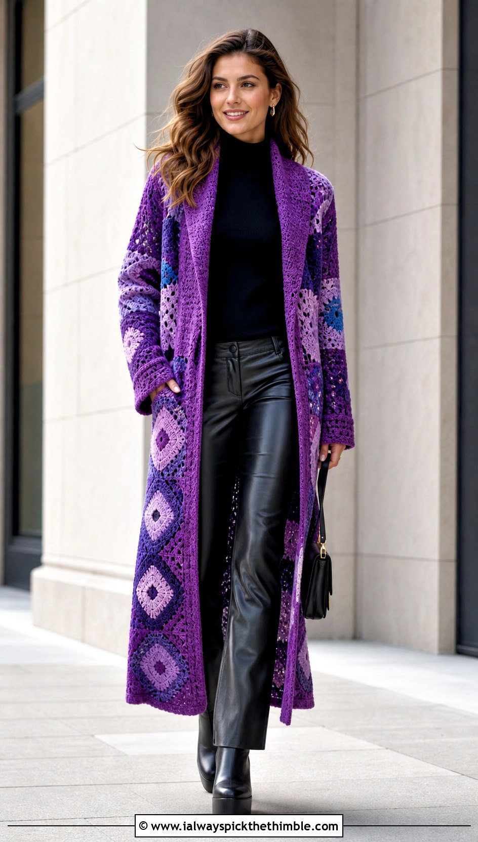 Patchwork Maxi Crochet Coat With Leather Pants - 15 stylish crochet coat design outfit ideas