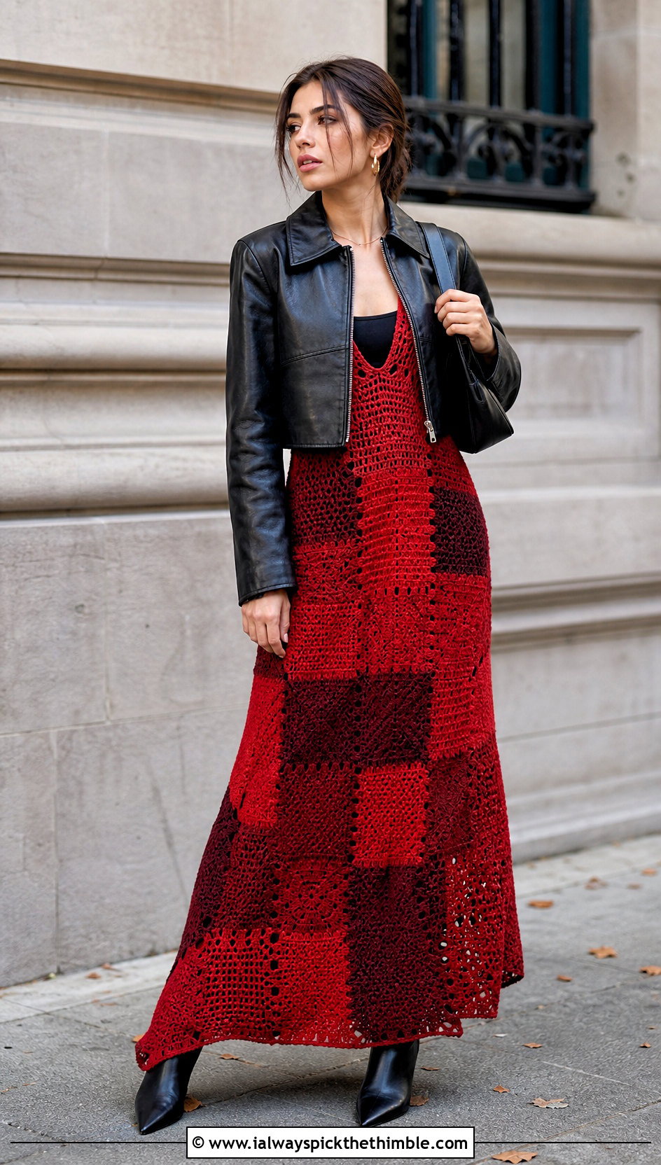 Patchwork Maxi Crochet Jumper Dress With Leather Jacket - 15 Crochet Jumper Dress outfit ideas
