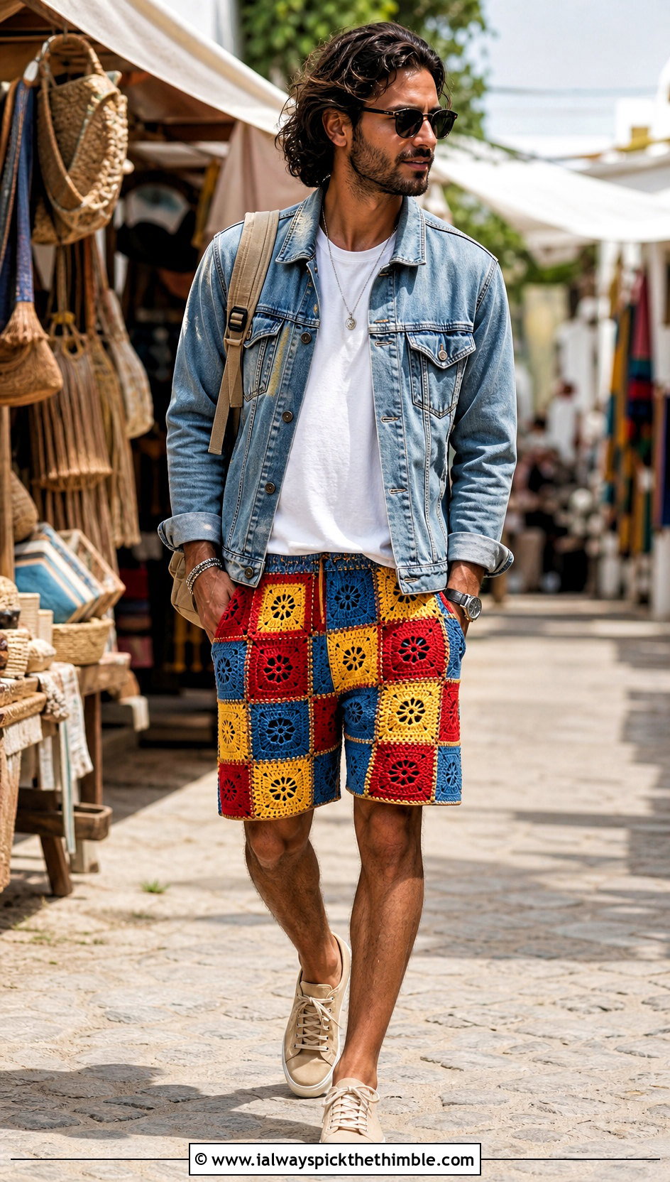 Patchwork Mens Crochet Shorts With Denim Jacket - 25 Crochet Mens Shorts outfit ideas