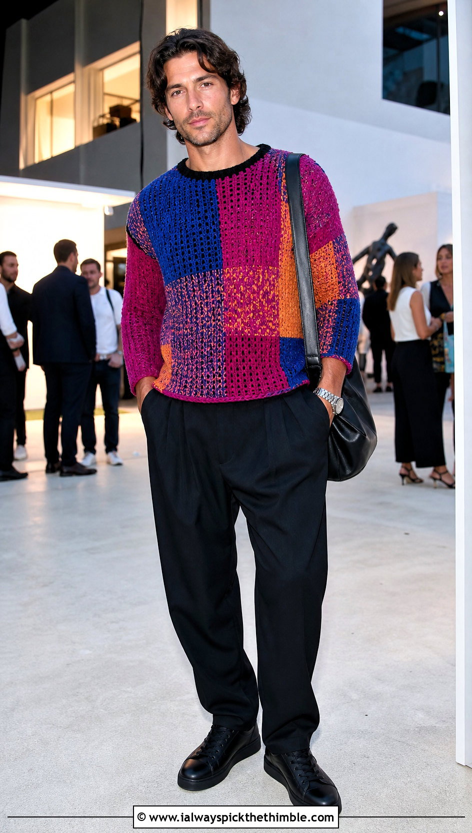 Patchwork Mens Crochet Sweater With Black Trousers - 25 mens crochet sweater outfit ideas