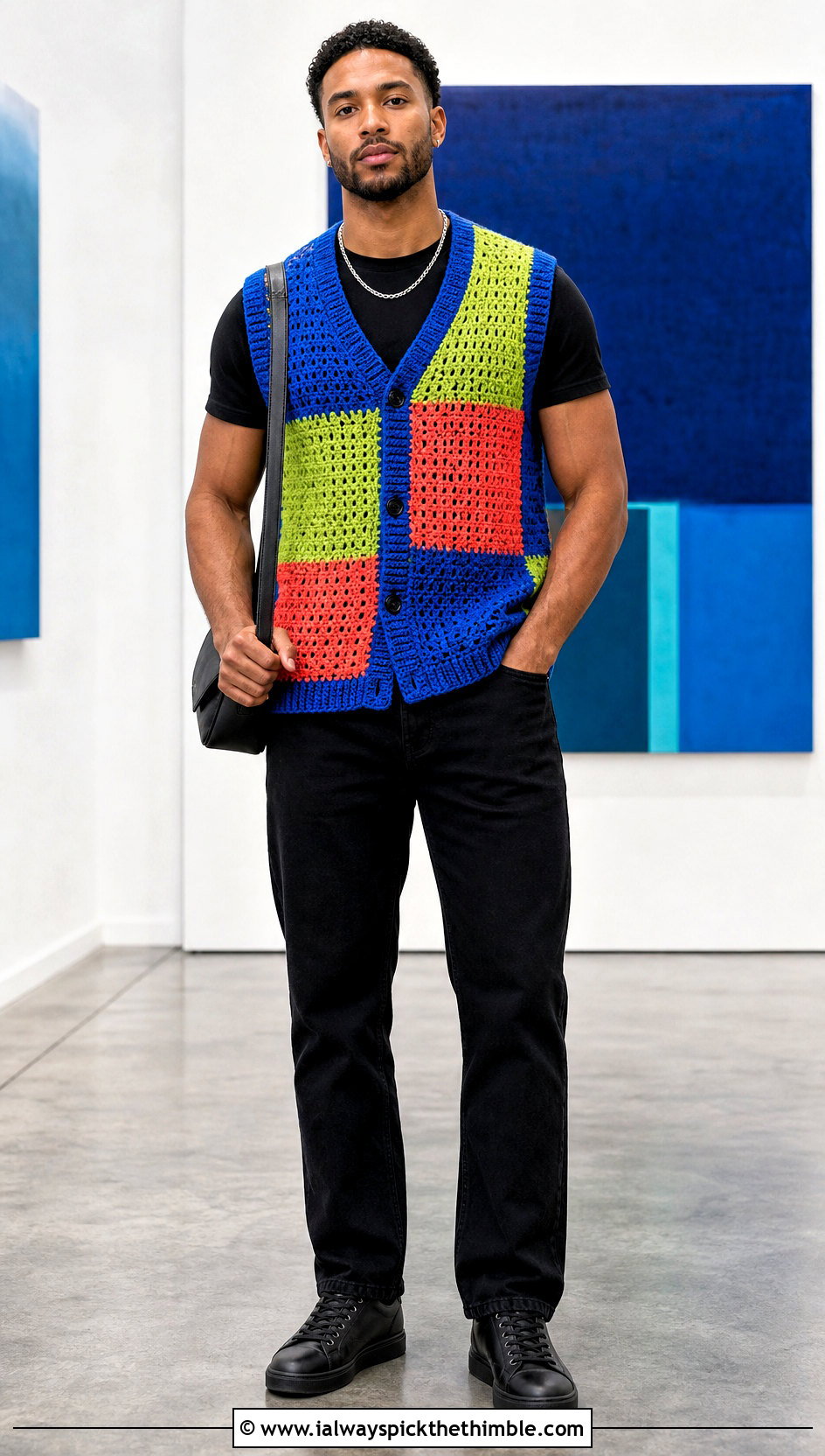 Patchwork Mens Crochet Vest With Black Jeans - 20 men's crochet vest outfit ideas