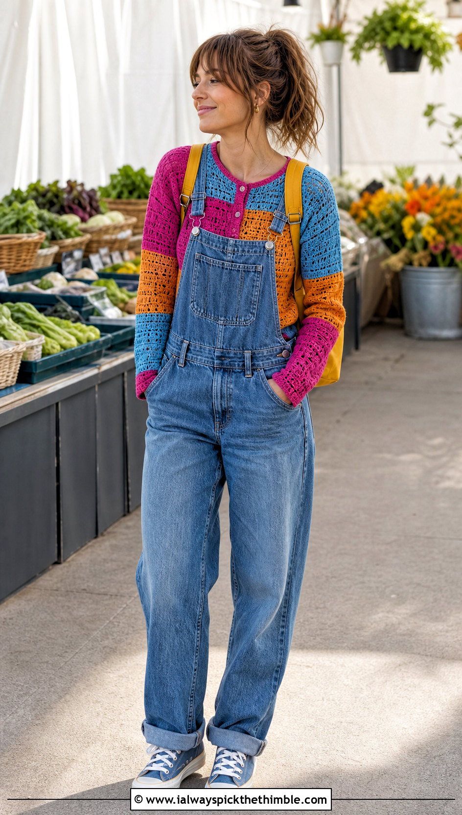Patchwork Mini Crochet Cardigan With Denim Overalls - 25 mini crochet cardigan outfit ideas