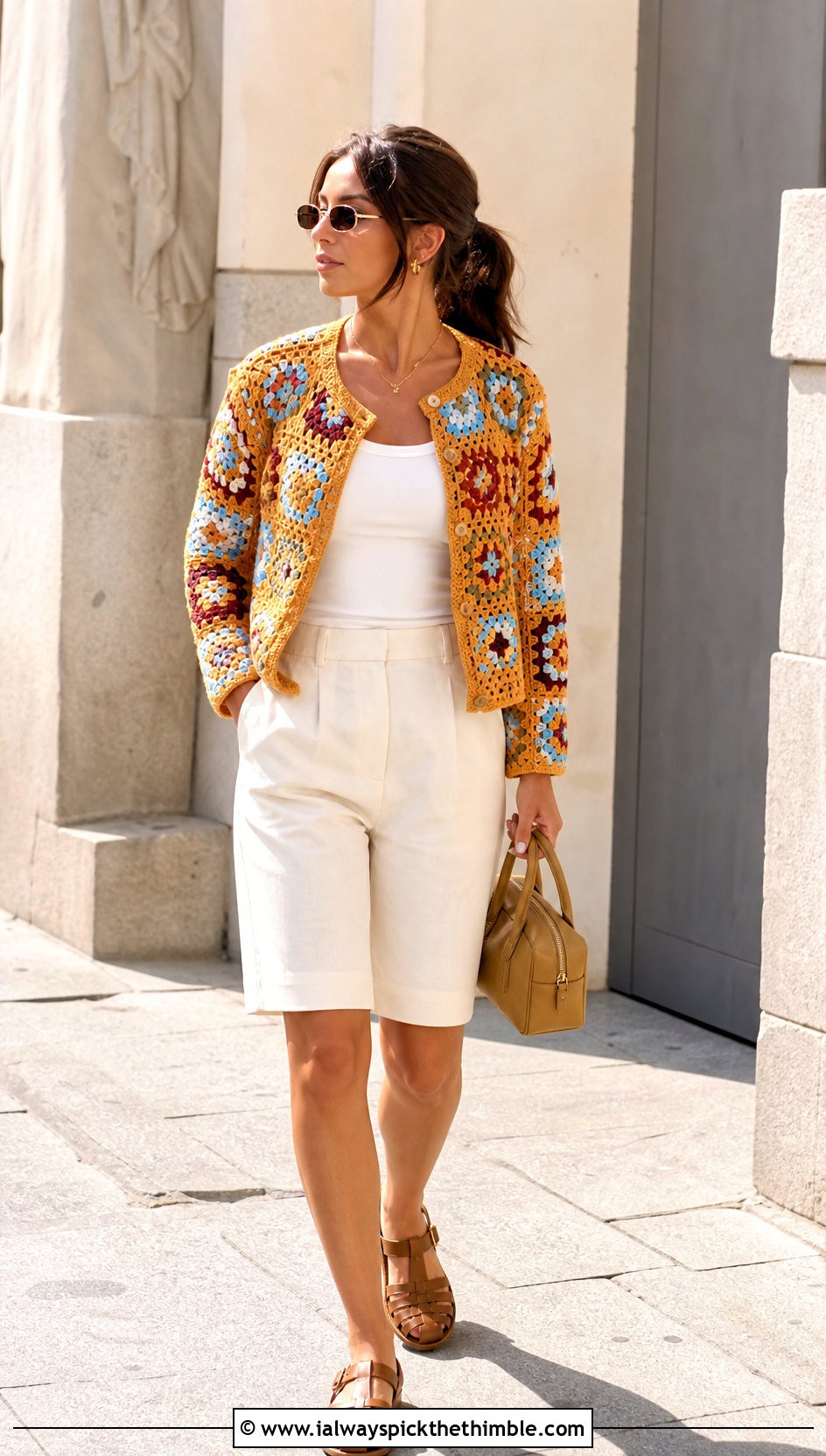 Patchwork Miu Miu Crochet Cardigan With Tailored Shorts - 20 Miu Miu Crochet Cardigan outfit ideas