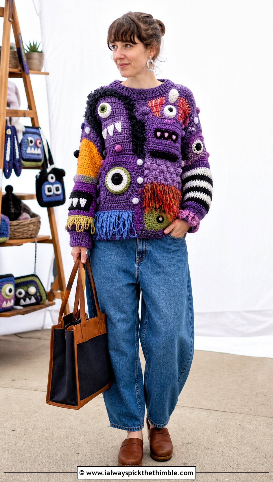 Patchwork Monster Spooky Crochet Sweater With Barrel Jeans - 15 Spooky Crochet Sweater outfit ideas