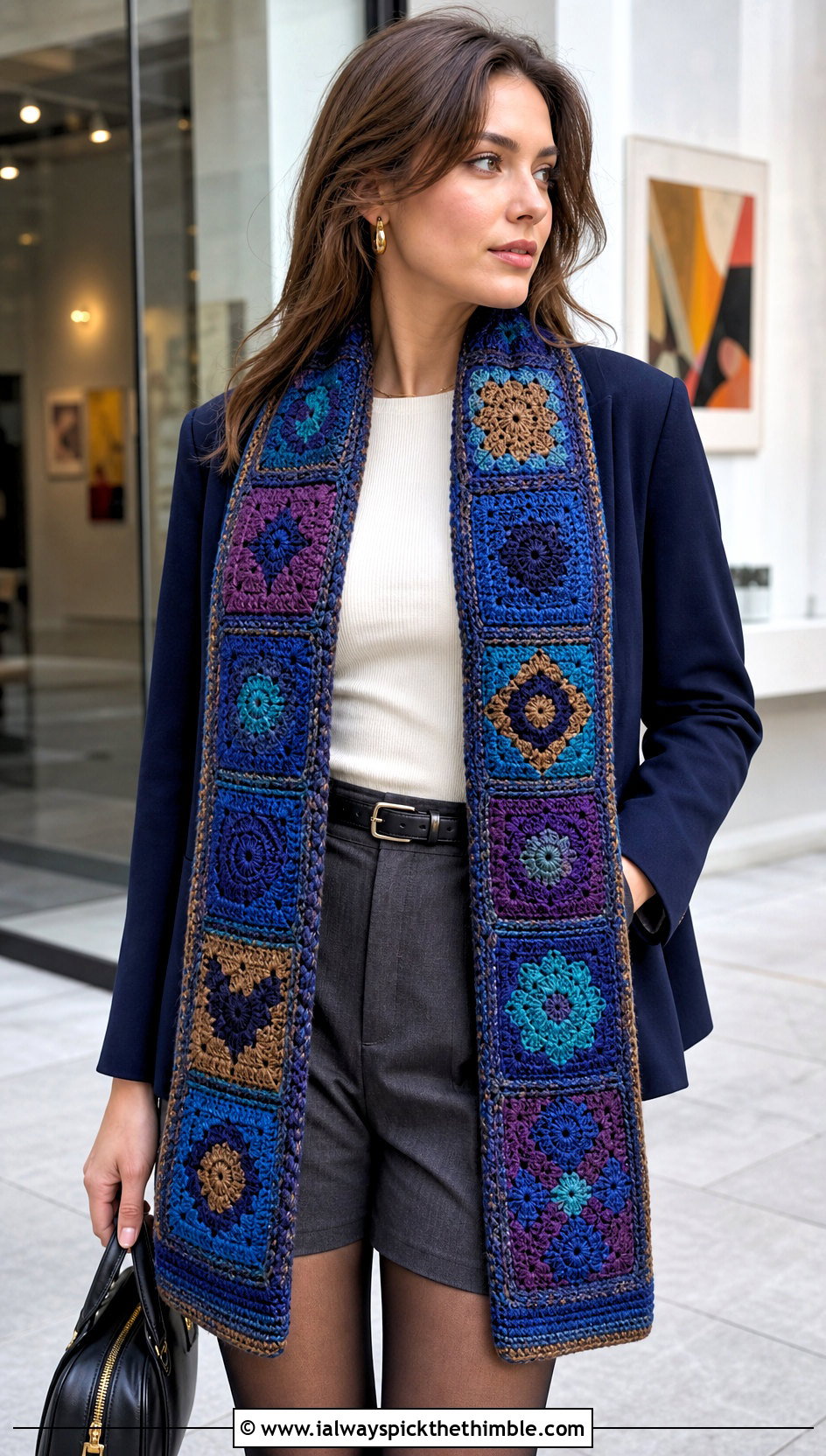Patchwork Motif Crochet Ravenclaw Scarf With Blazer And Shorts - 25 crochet ravenclaw scarf outfit ideas