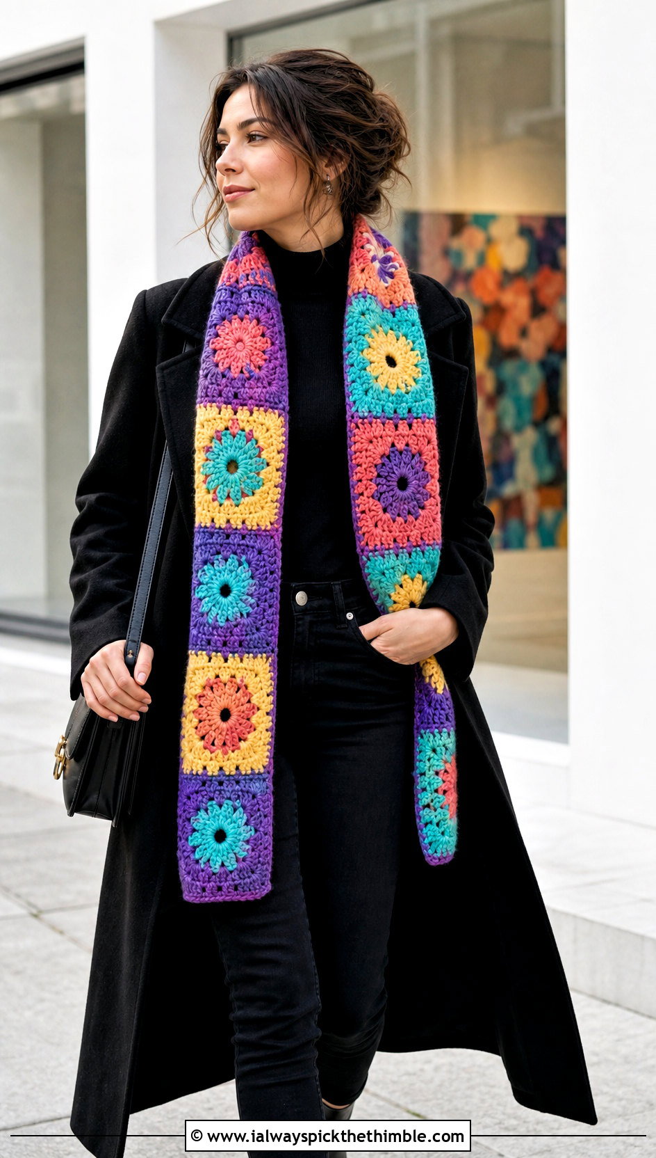Patchwork Motif Crochet Scarf With Monochrome Outfit - 25 fun crochet scarf outfit ideas