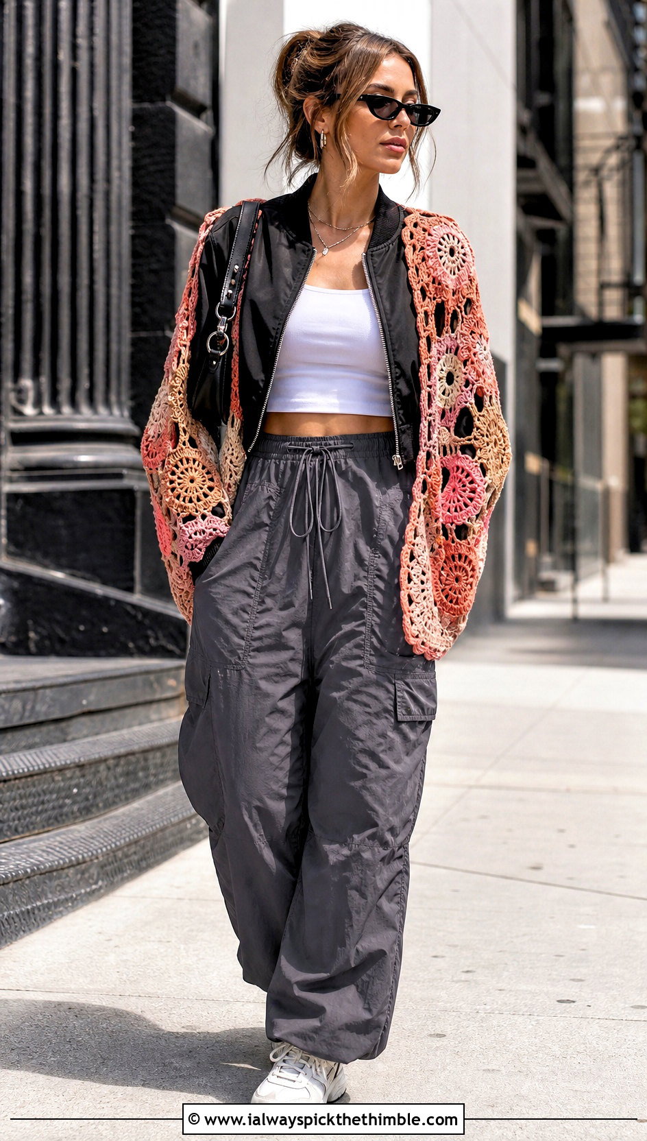 Patchwork Motif Irish Crochet Wrap With Bomber Jacket - 20 Irish Crochet Shawl outfit ideas