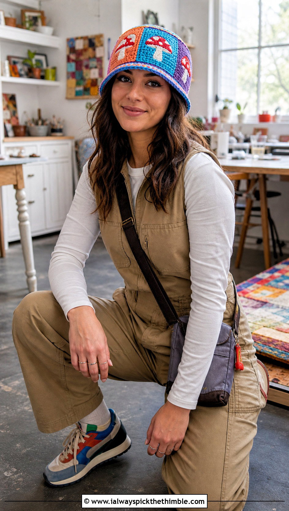 Patchwork Mushroom Beanie With Utility Jumpsuit And Sneakers - 20 crochet mushroom beanie outfit ideas