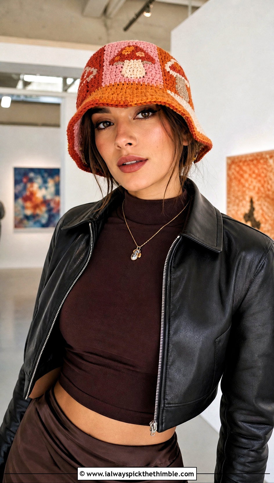 Patchwork Mushroom Crochet Bucket Hat With Leather Jacket - 15 Mushroom Crochet Bucket Hat outfit ideas