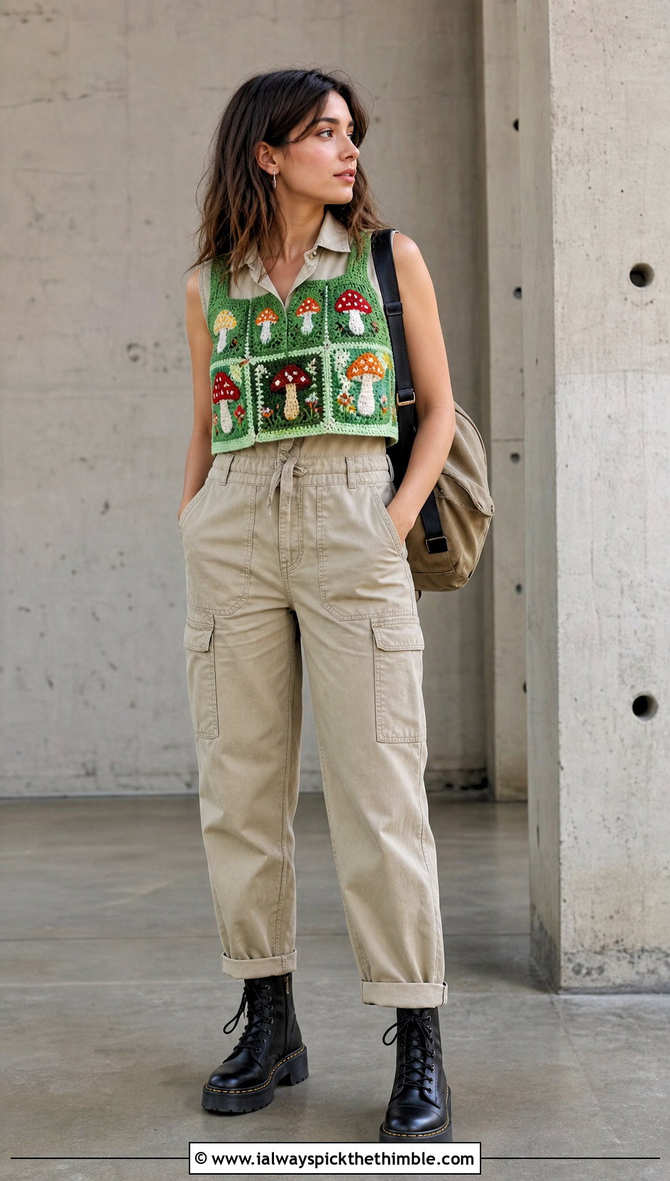 Patchwork Mushroom Crochet Crop Top With Utility Jumpsuit - 15 Crochet Mushroom Crop Top outfit ideas