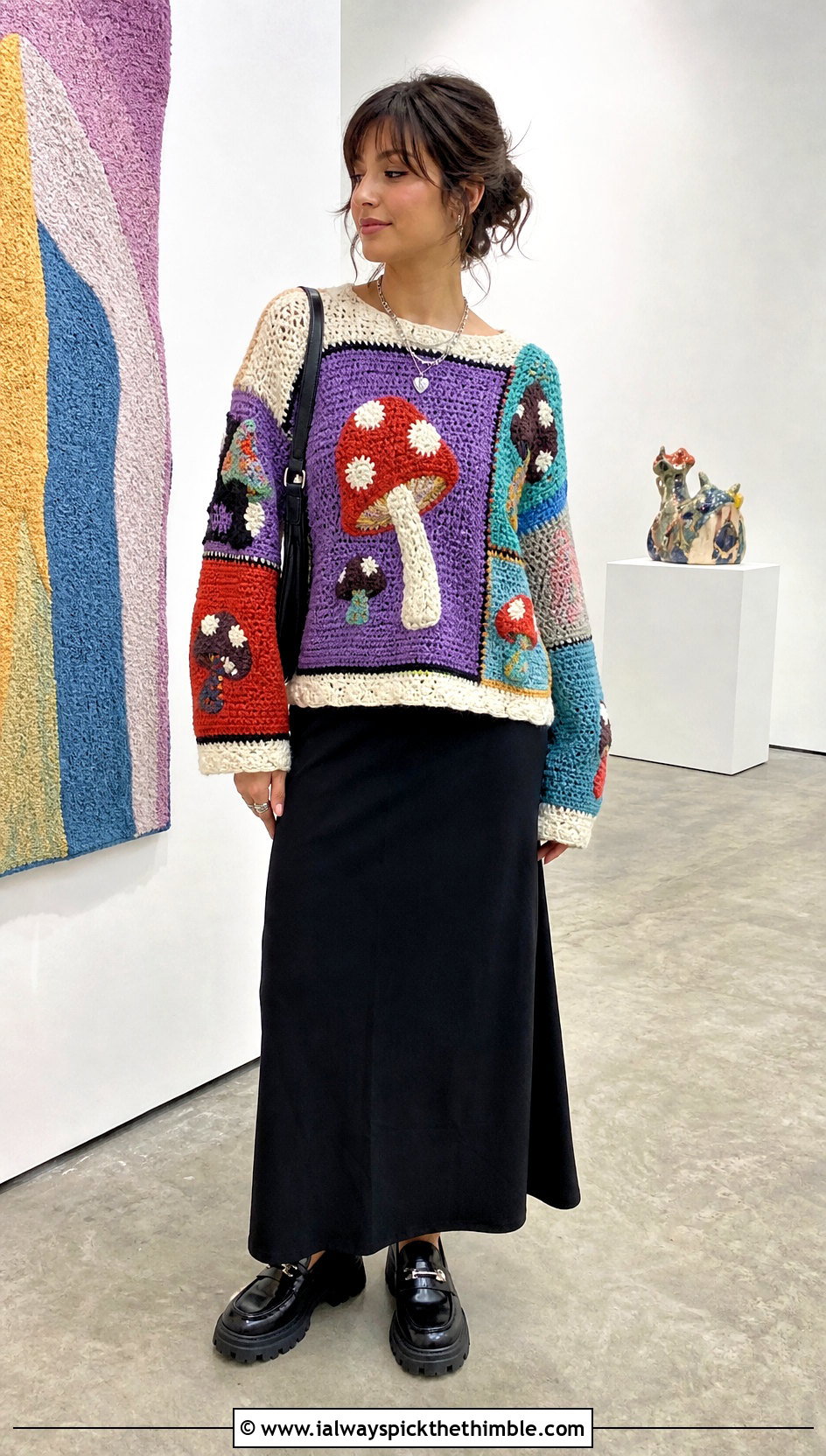 Patchwork Mushroom Crochet Sweater With Black Maxi Skirt - 20 mushroom crochet sweater outfit ideas