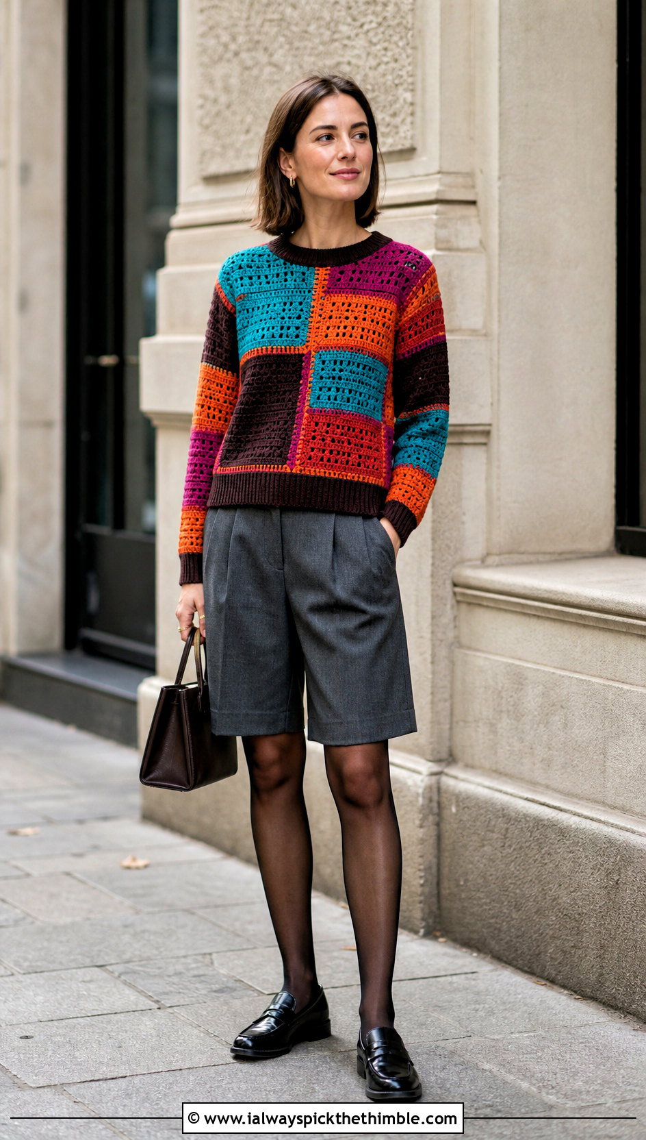 Patchwork Norm Thompson Crochet Sweater With Tailored Shorts - 15 Norm Thompson Crochet Sweater outfit ideas