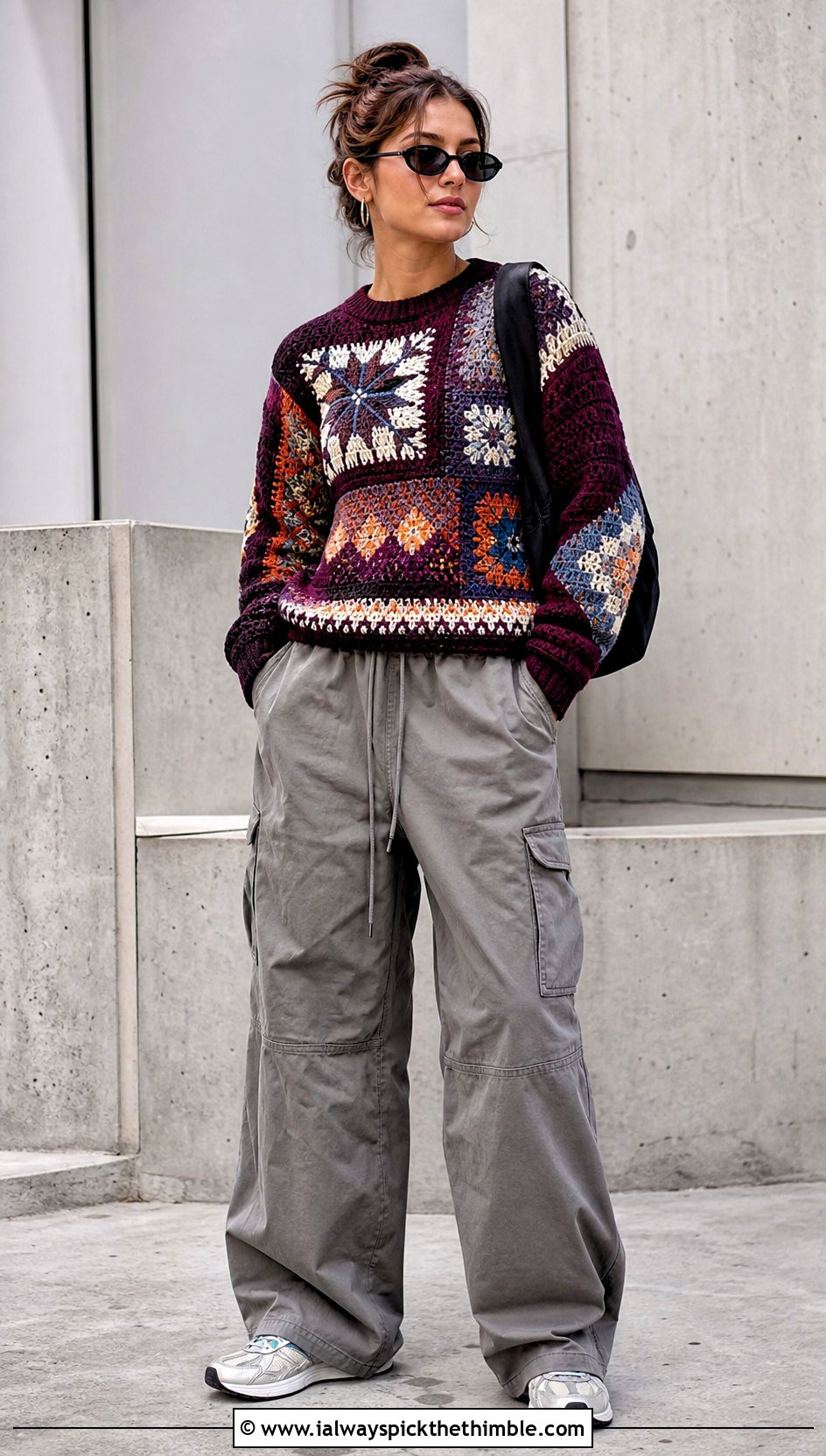 Patchwork Norwegian Crochet Sweater With Cargo Pants - 20 Norwegian Crochet Sweater outfit ideas