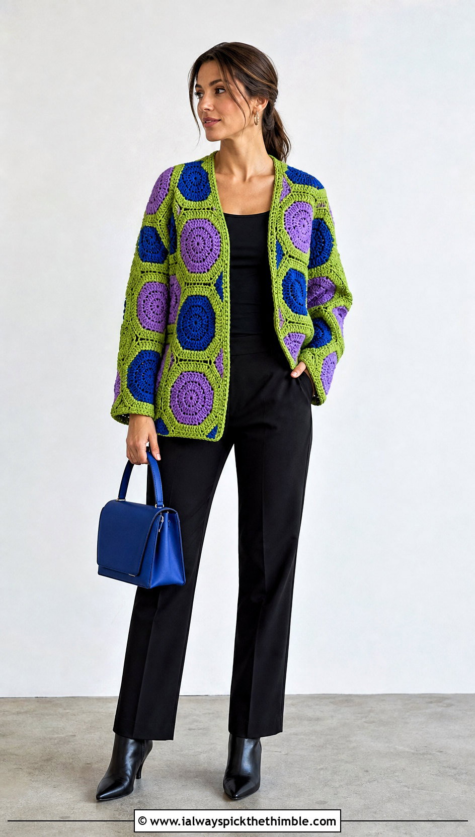 Patchwork Octagon Crochet Cardigan With Monochrome Outfit - 20 Octagon Crochet Cardigan outfit ideas