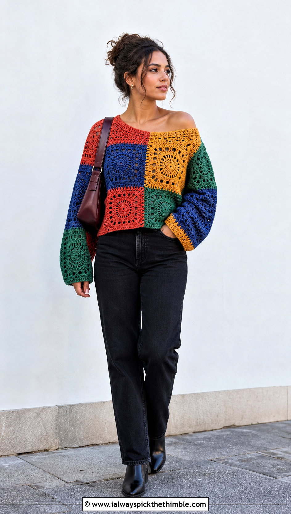 Patchwork Off Shoulder Crochet Sweater With Black Jeans - 25 off shoulder crochet sweater outfit ideas