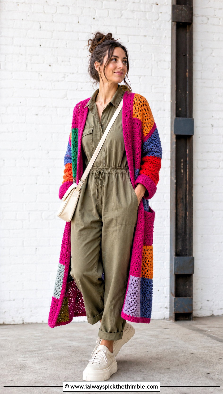 Patchwork One Piece Crochet Cardigan With Utility Jumpsuit - 25 one piece crochet cardigan outfit ideas