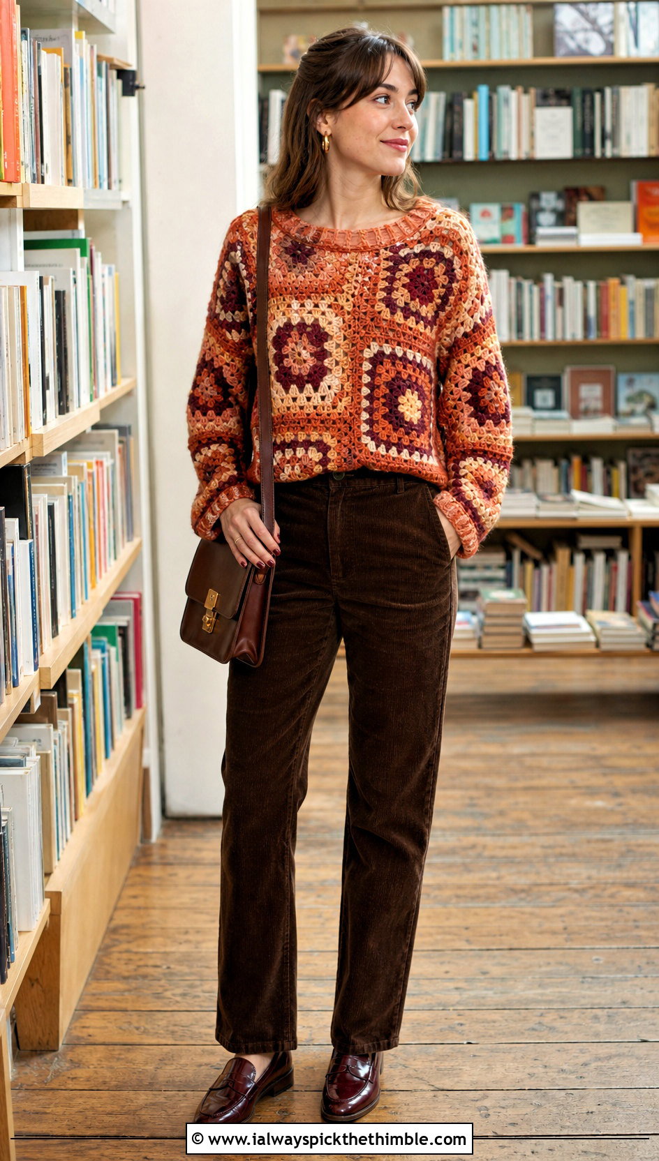 Patchwork Orange Crochet Sweater With Corduroy Pants - 15 orange crochet sweater design outfit ideas