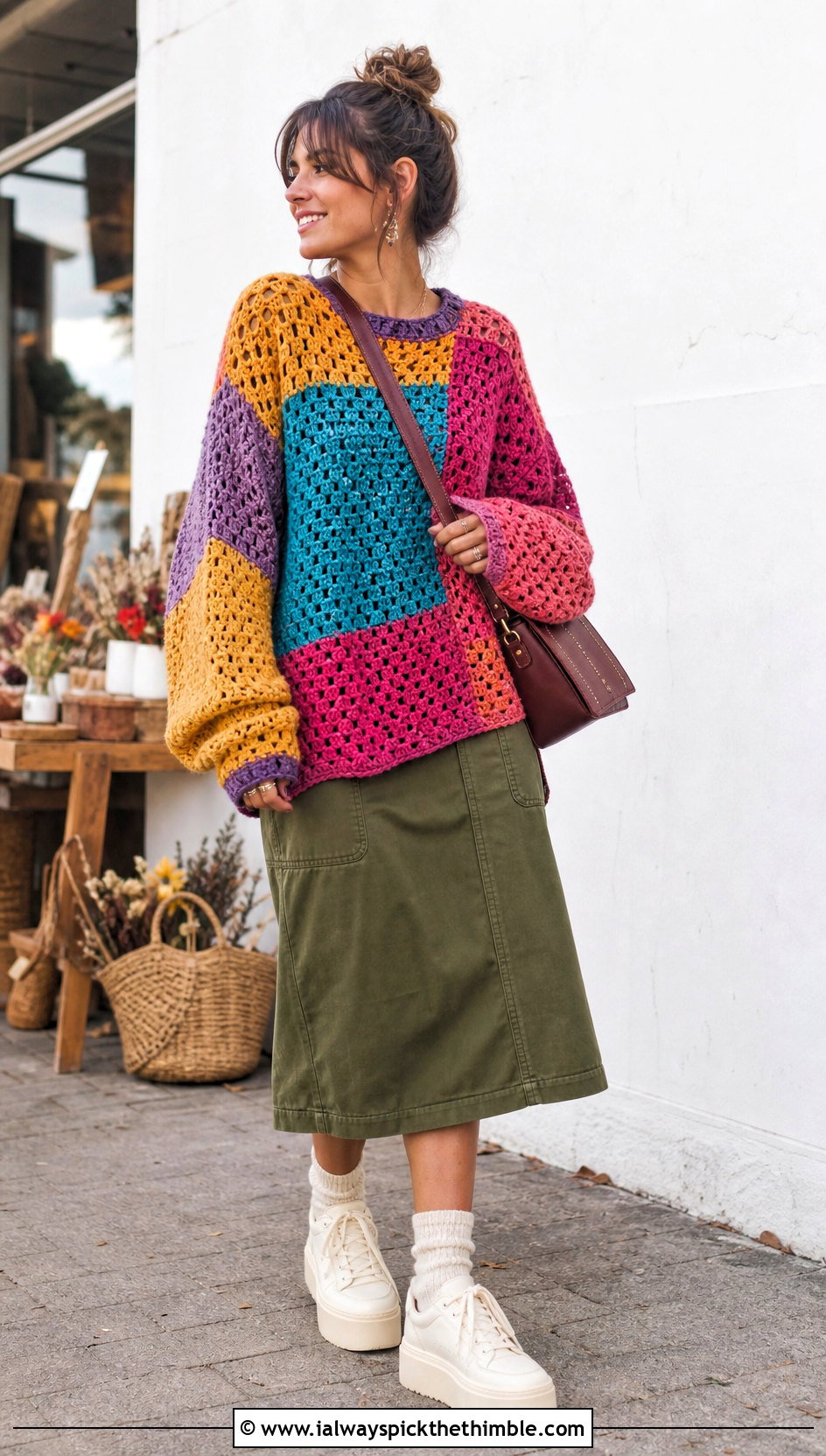 Patchwork Oversized Crochet Sweater With Utility Midi Skirt - 15 Oversized Crochet Sweaters outfit ideas
