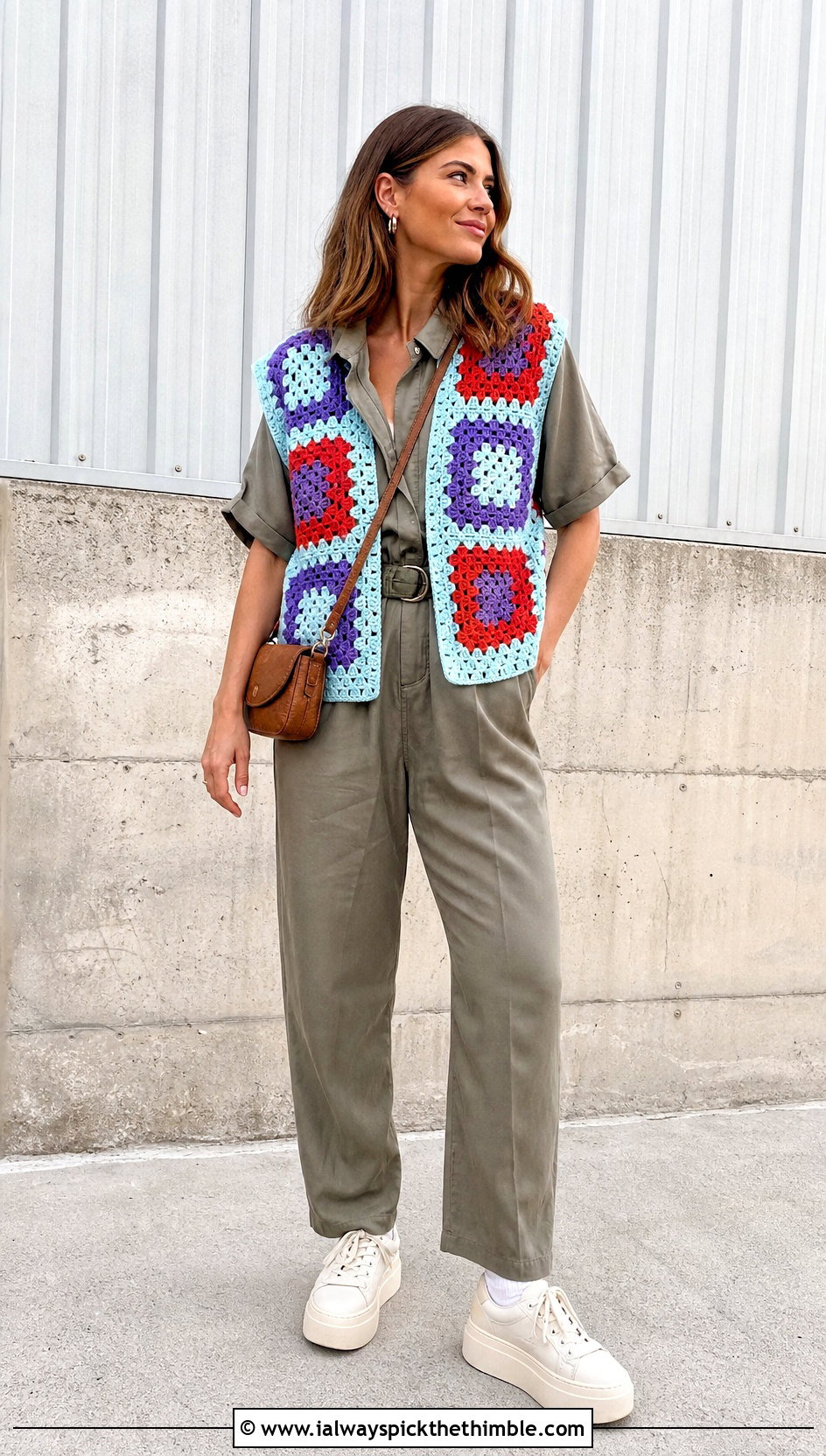 Patchwork Paul McCartney Crochet Vest With Utility Jumpsuit - 25 paul mccartney crochet vest outfit ideas