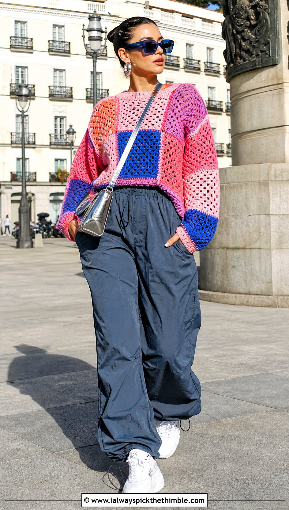 Patchwork Pink Crochet Sweater With Parachute Pants - 25 pink crochet sweater outfit ideas