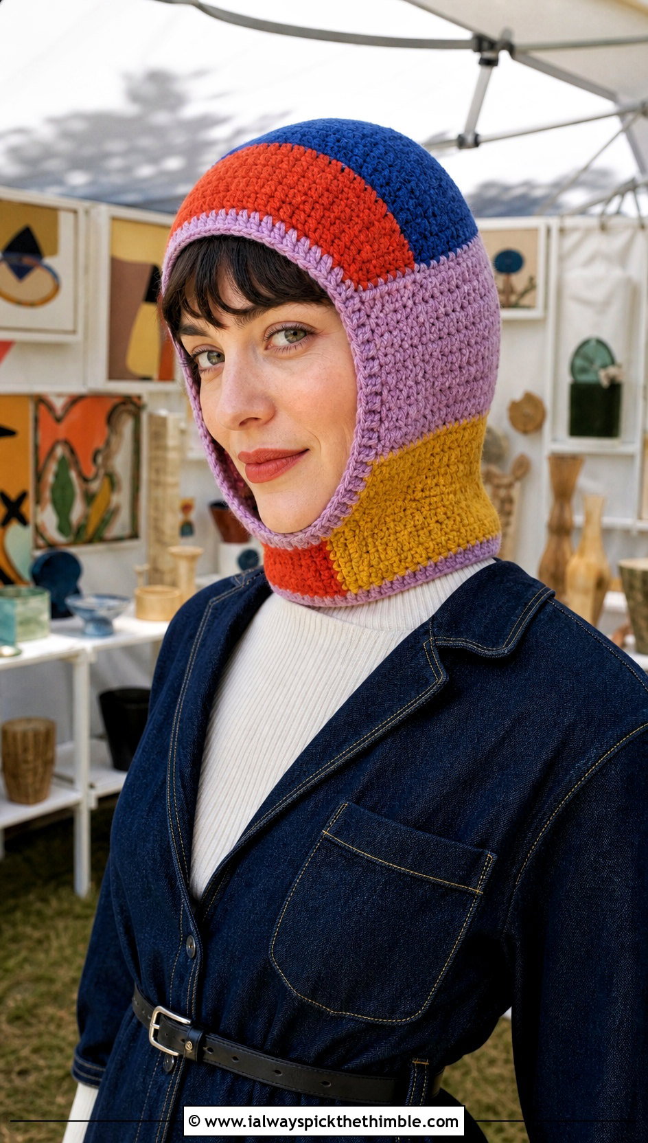 Patchwork Pixie Hood With Denim Dress And Combat Boots - 20 crochet pixie hat outfit ideas