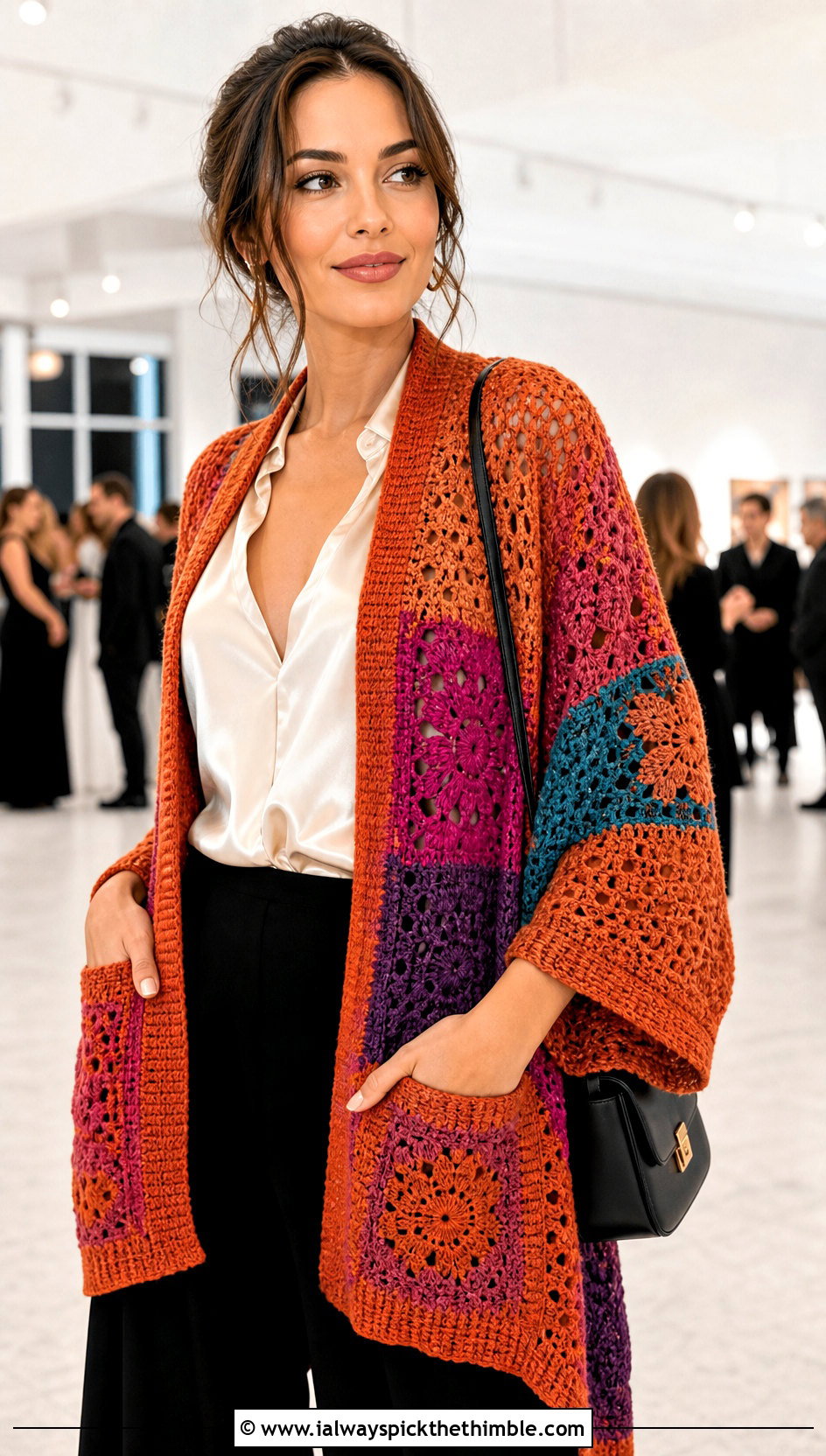 Patchwork Pocket Shawl With Satin Blouse And Trousers - 20 Crochet Pocket Scarf Shawl outfit ideas