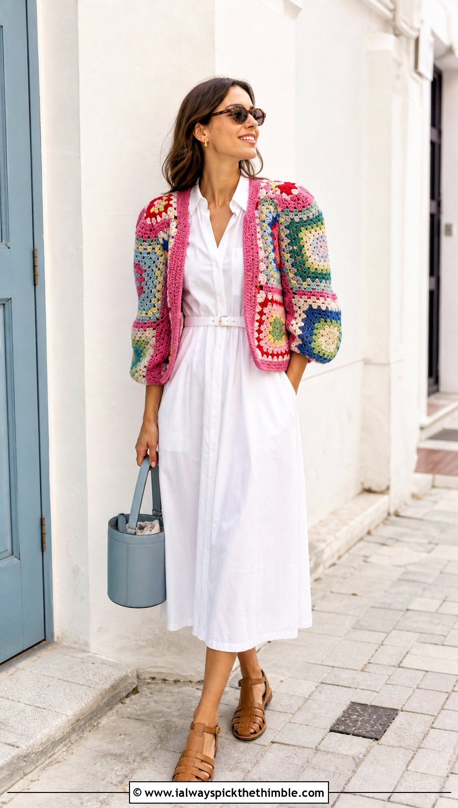 Patchwork Puff Sleeve Crochet Cardigan With White Poplin Dress - 20 Puff Sleeve Crochet Cardigan outfit ideas