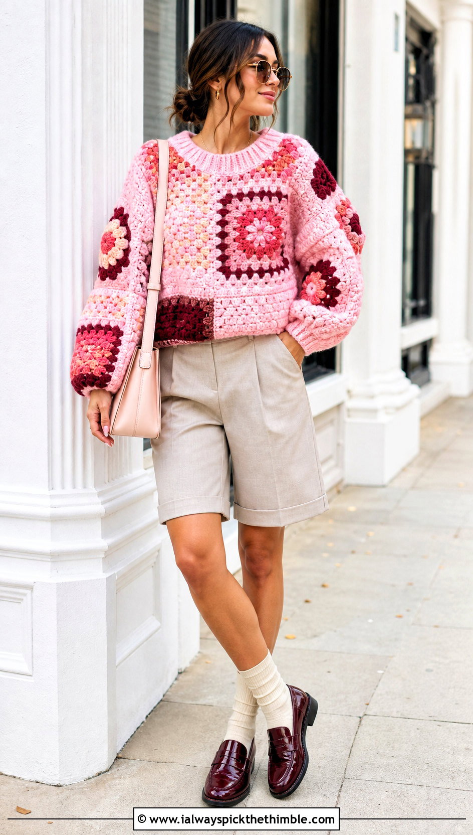 Patchwork Puffy Crochet Sweater With Bermuda Shorts - 15 Puffy Crochet Sweater outfit ideas