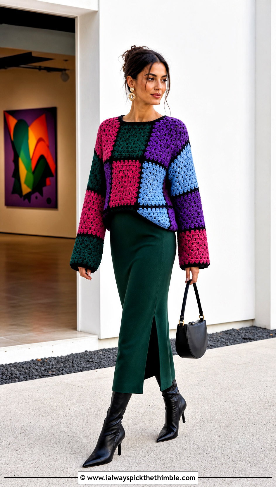 Patchwork Pullover Crochet Sweater With Tailored Midi Skirt - 20 Pullover Crochet Sweater outfit ideas