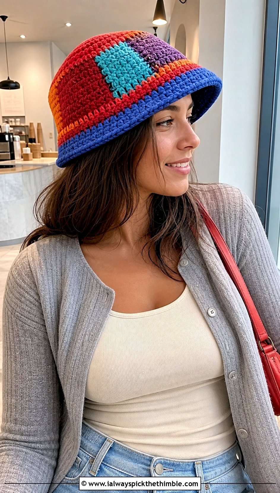 Patchwork Pumpkin Bucket Hat With Cardigan And Barrel Jeans - 20 crochet pumpkin bucket hat outfit ideas
