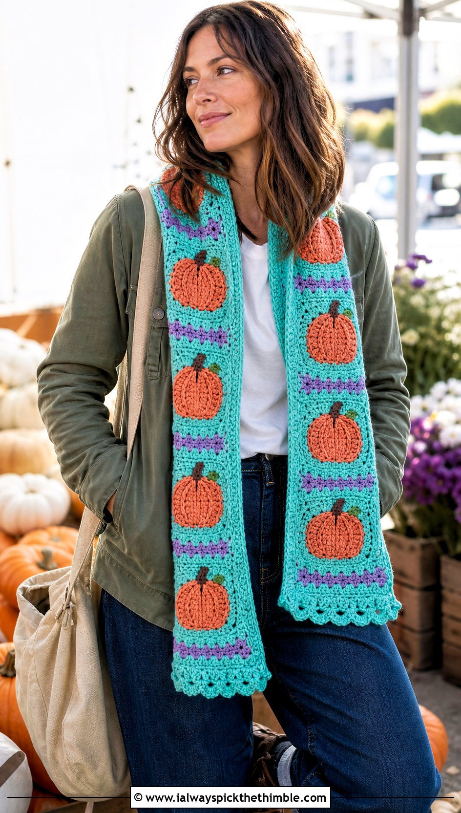 Patchwork Pumpkin Crochet Scarf With Utility Jacket - 15 crochet pumpkin scarf outfit ideas
