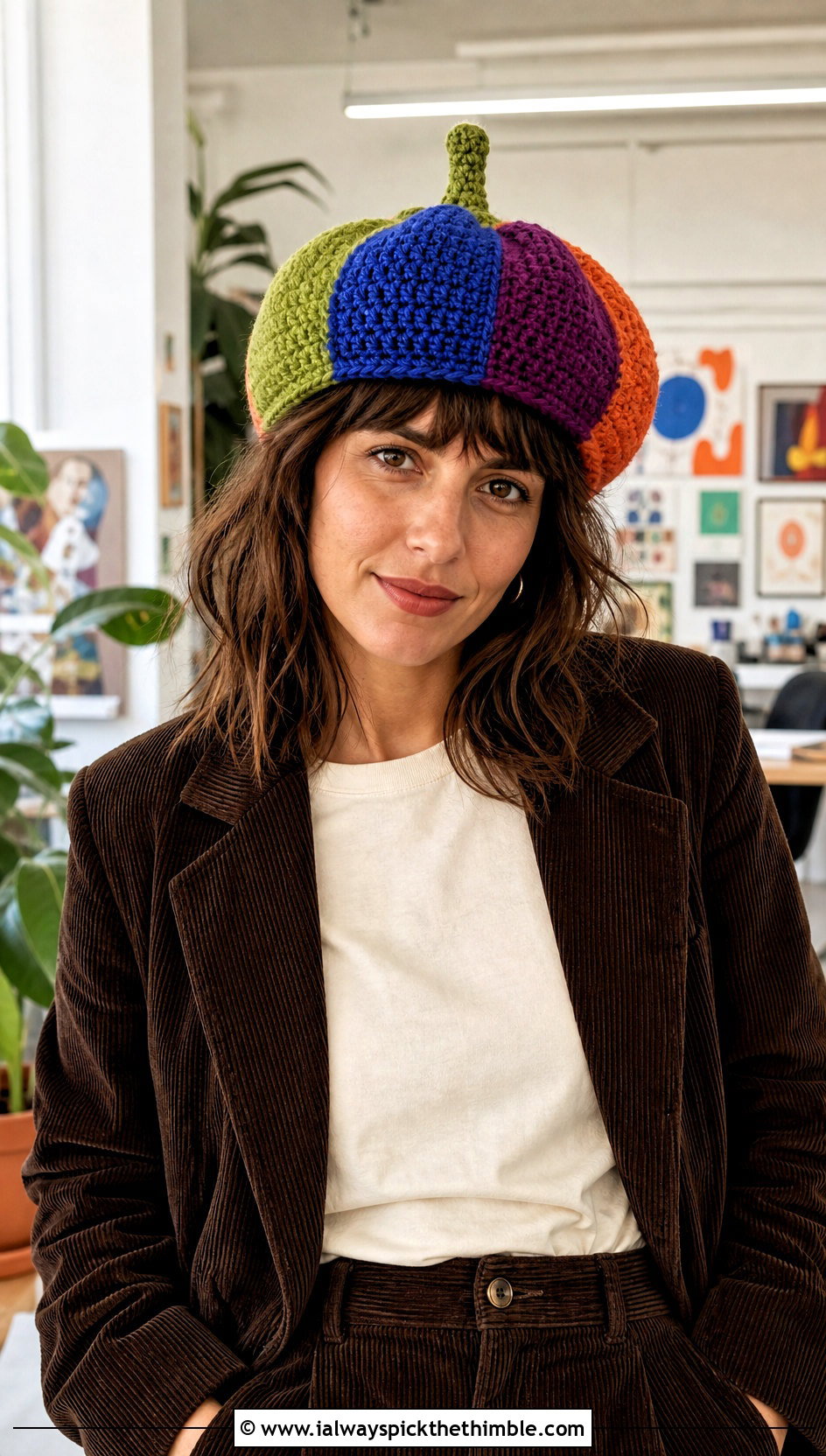 Patchwork Pumpkin Hat With Corduroy Suit - 25 crochet pumpkin hat outfit ideas