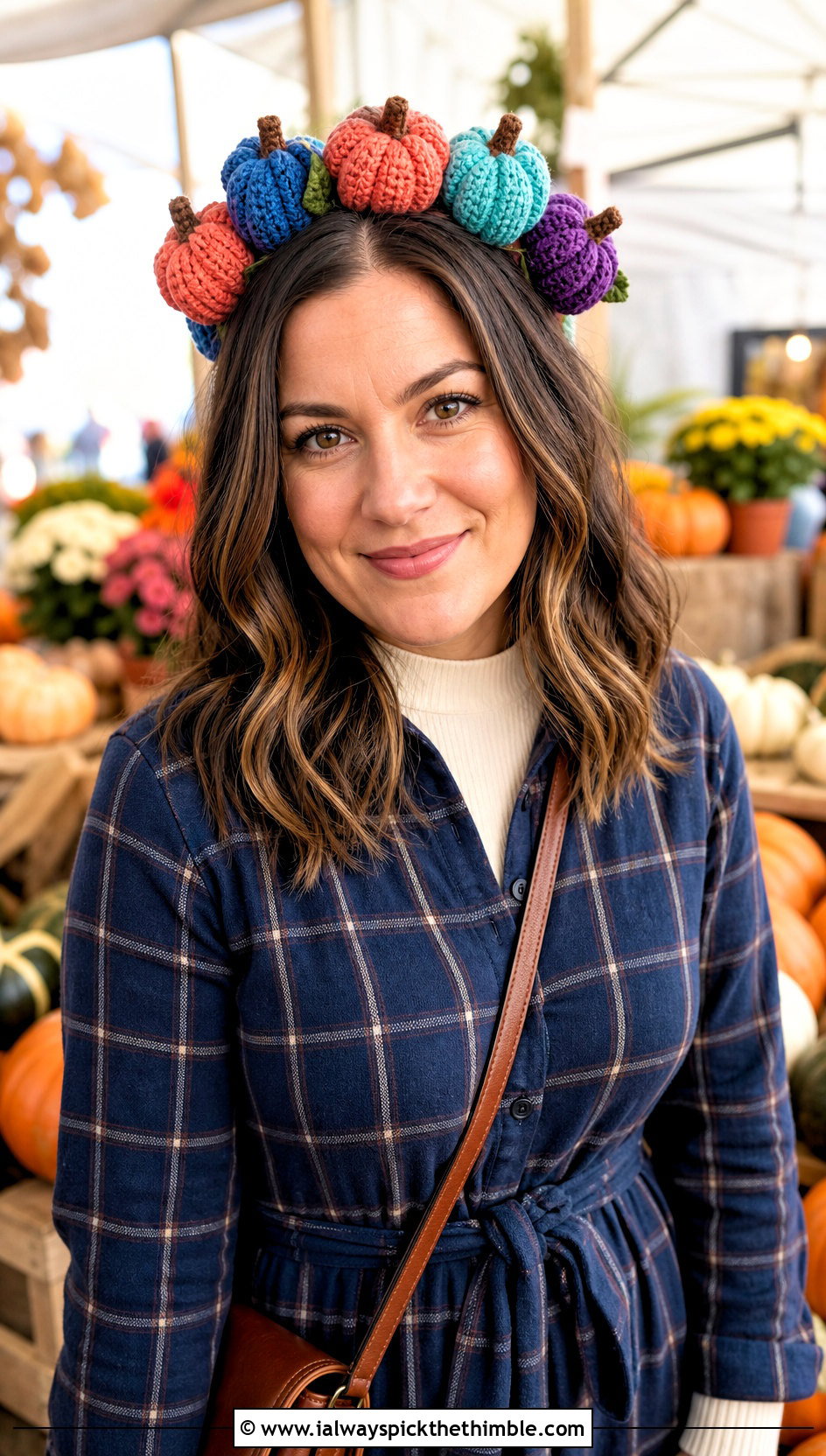 Patchwork Pumpkin Headband With Flannel Shirt Dress - 25 crochet pumpkin headband outfit ideas