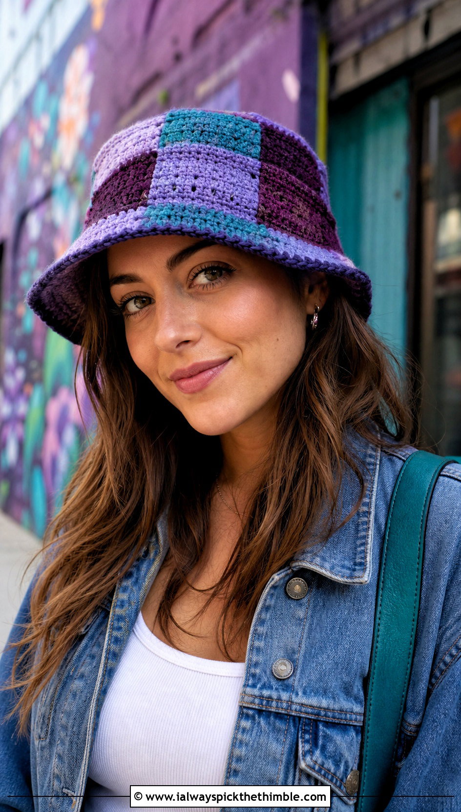 Patchwork Purple Crochet Bucket Hat With Denim Set - 20 purple crochet bucket hat outfit ideas