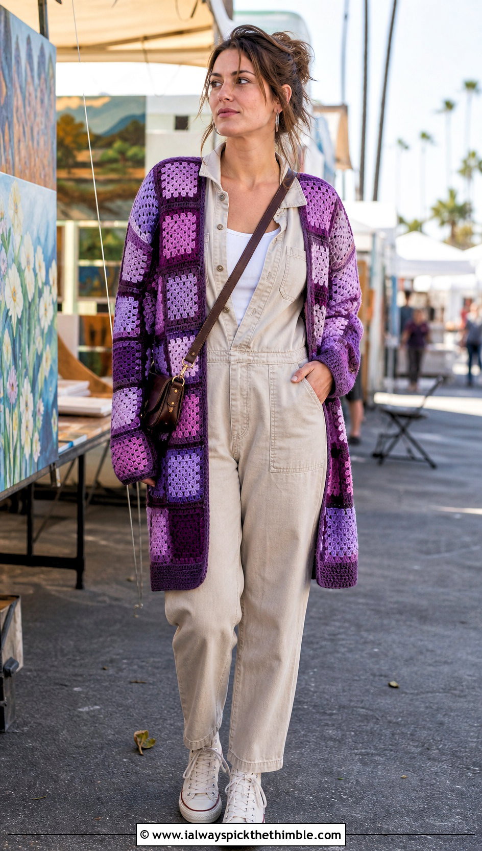 Patchwork Purple Crochet Cardigan With Utility Jumpsuit - 25 purple crochet cardigan outfit ideas